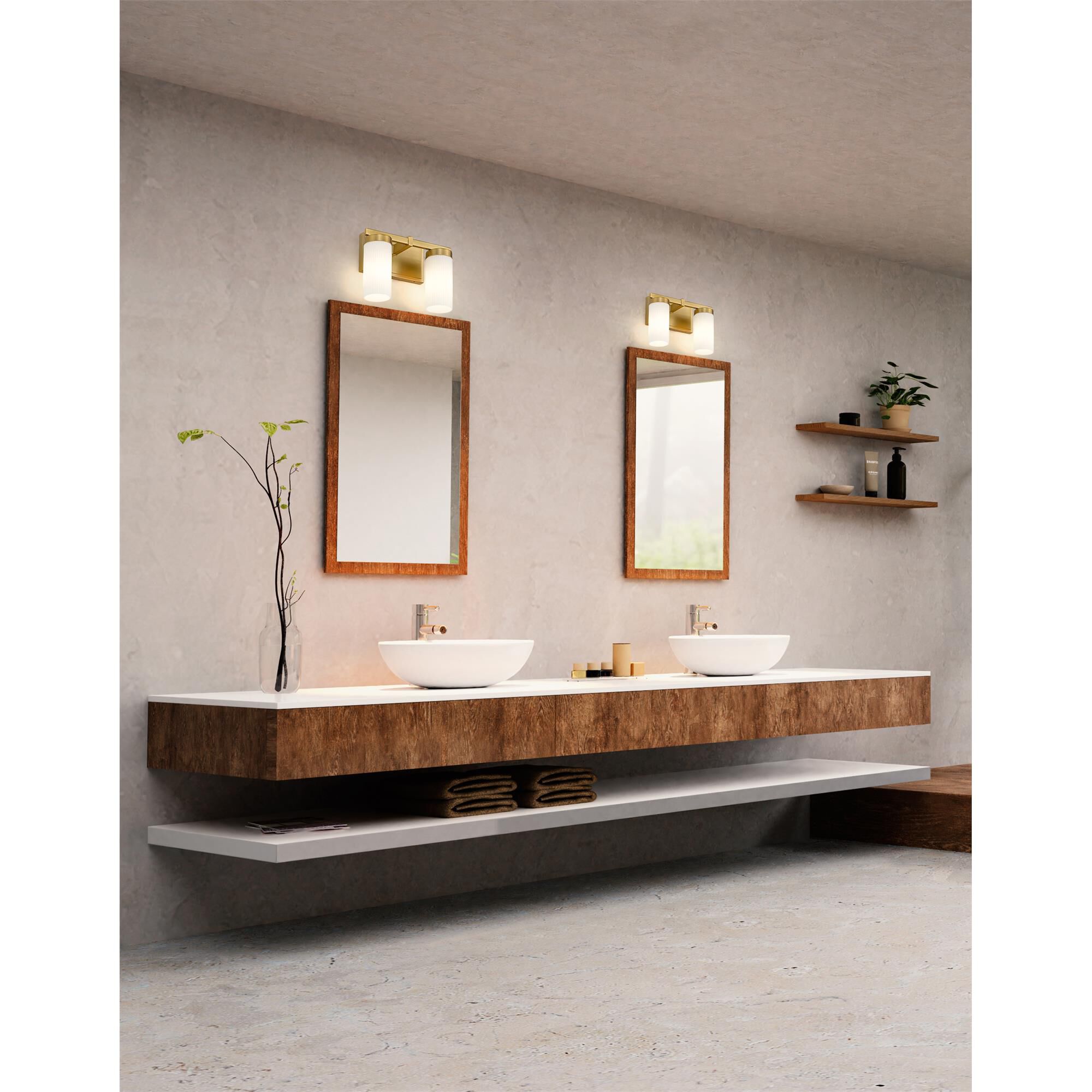 Shown in Modern Gold finish and White glass and White shade