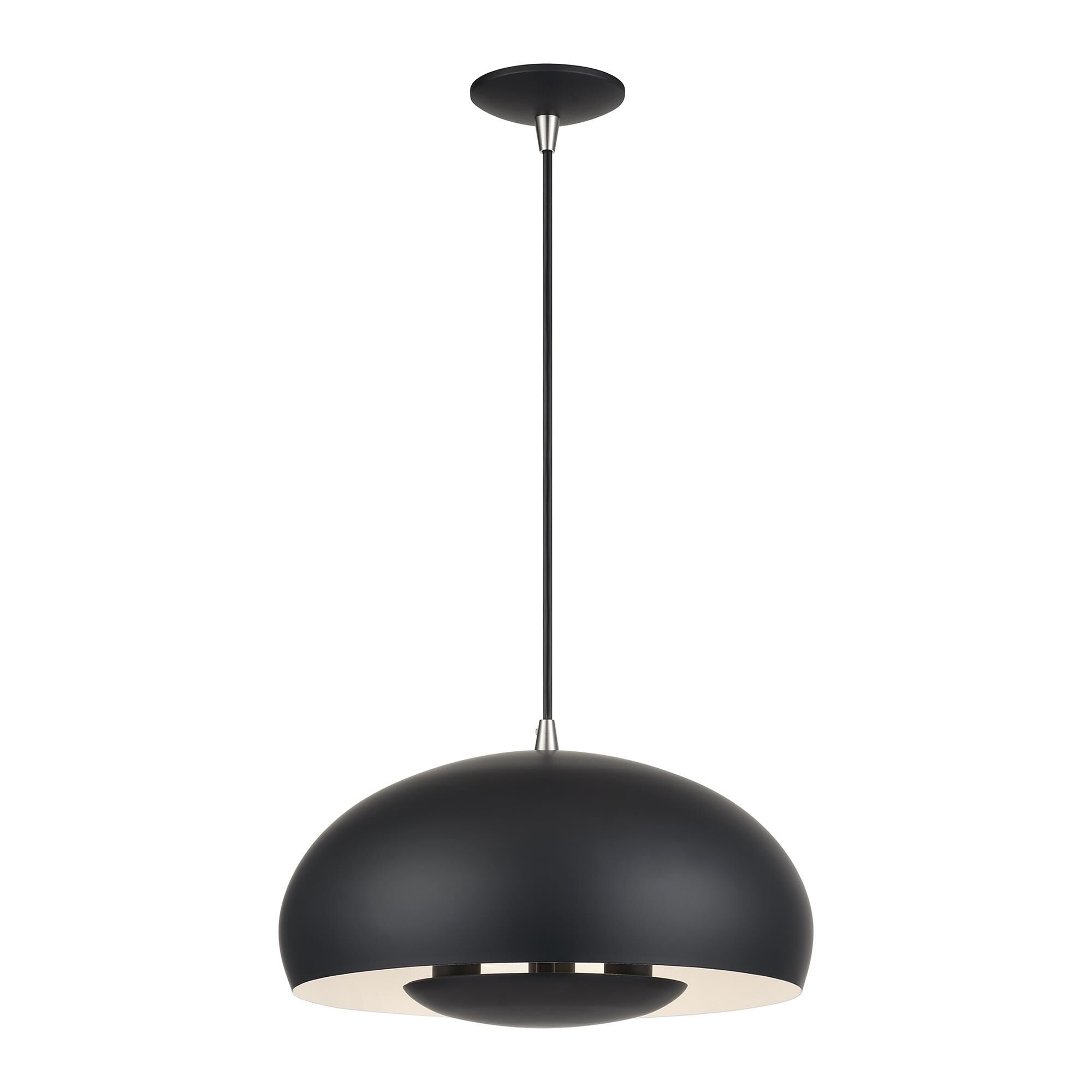 Shown in Black with Brushed Nickel Accents finish and Black Steel with Shiny White Inside shade