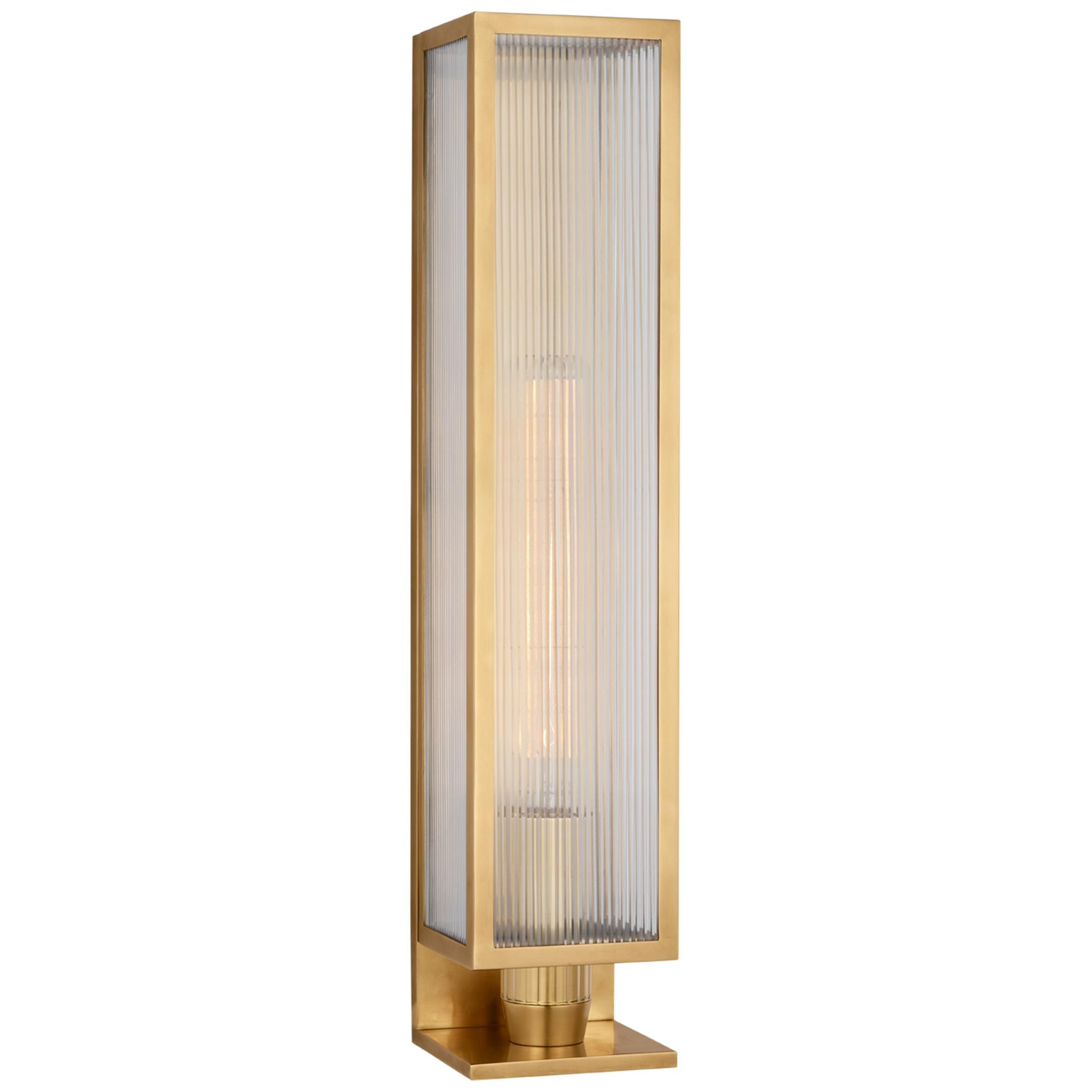 Shown in Soft Brass finish and Clear Ribbed glass