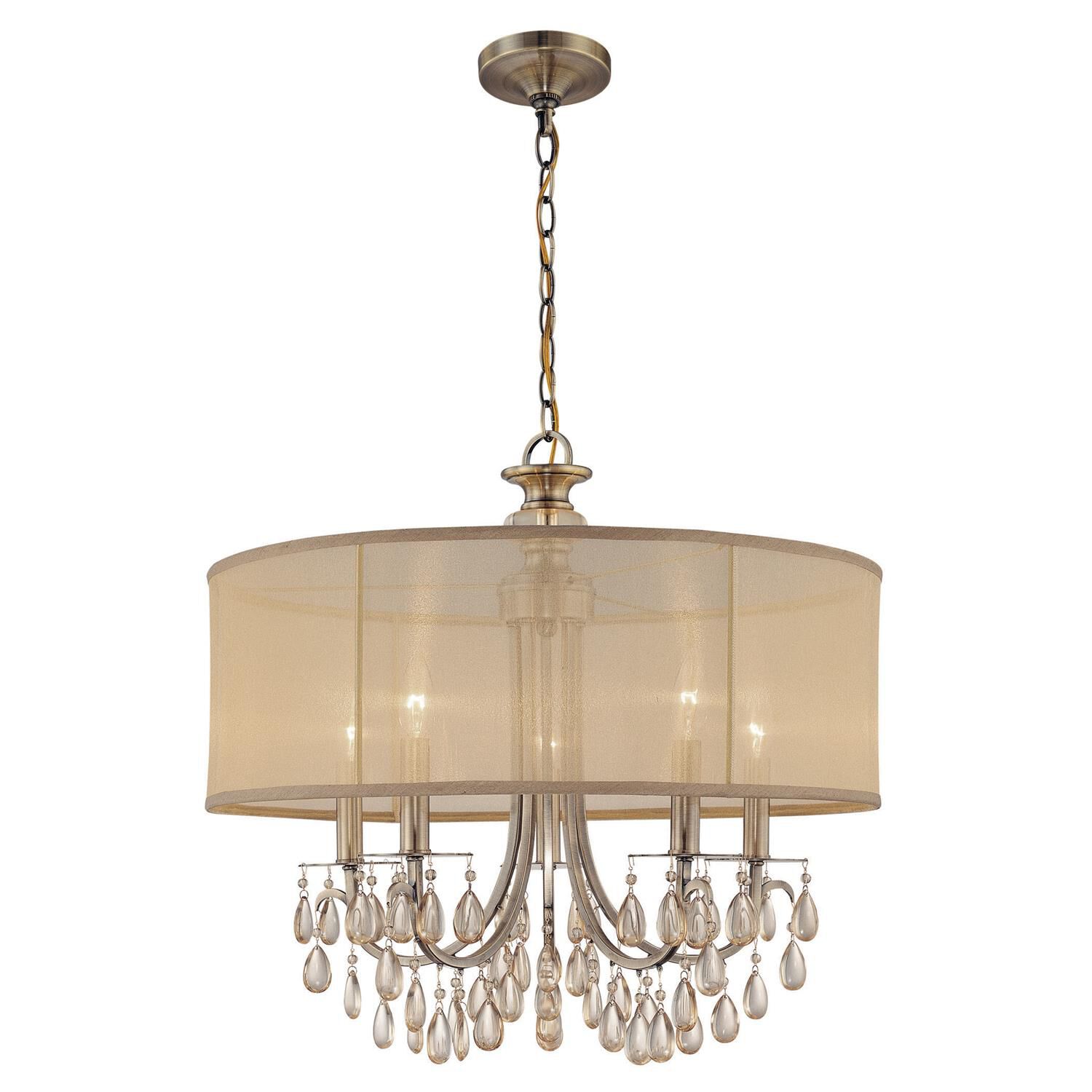 Shown in Antique Brass finish and Etruscan Teardrop Almond crystal and Silk glass and Silk shade