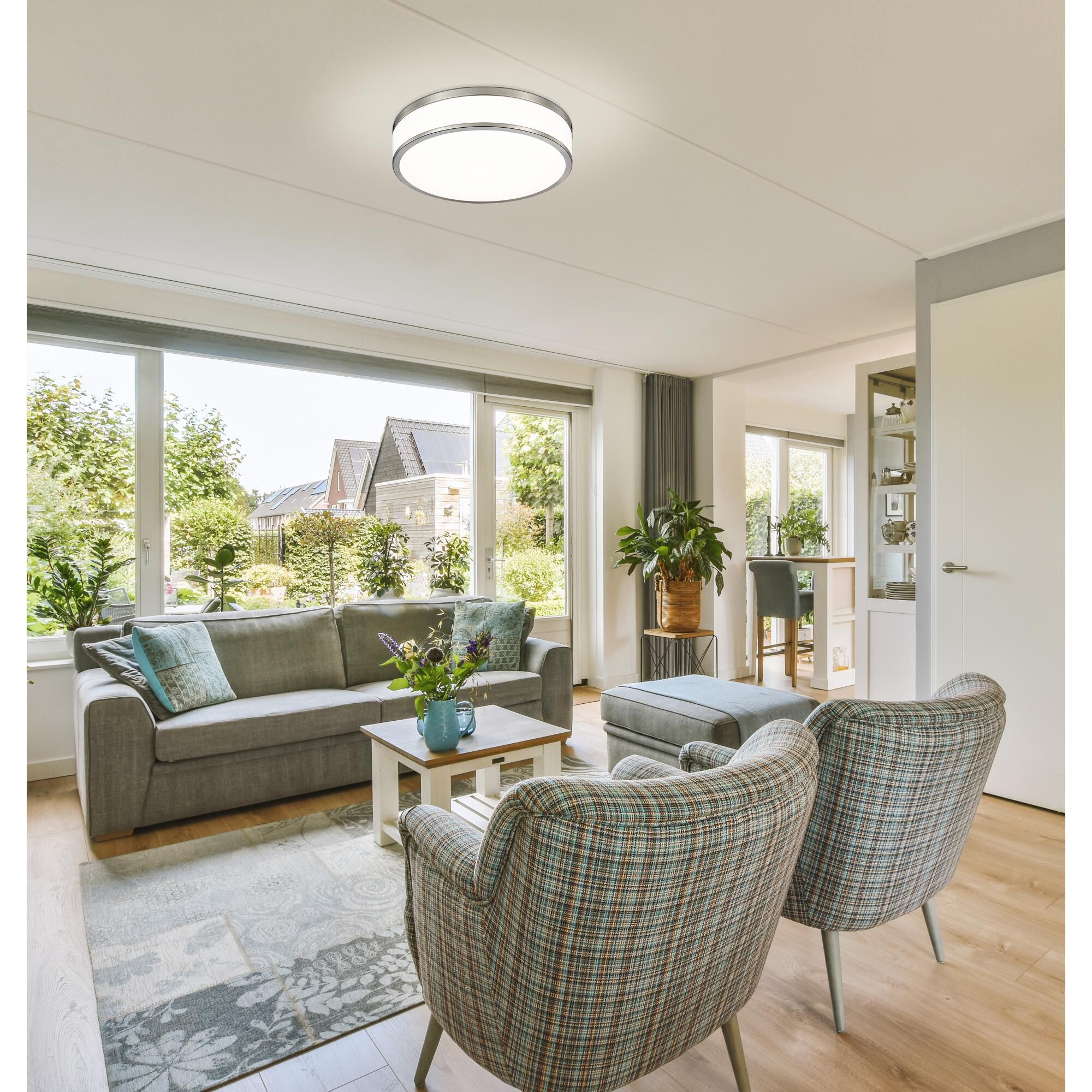 Shown in Brushed Nickel finish and Frosted glass and Frosted shade