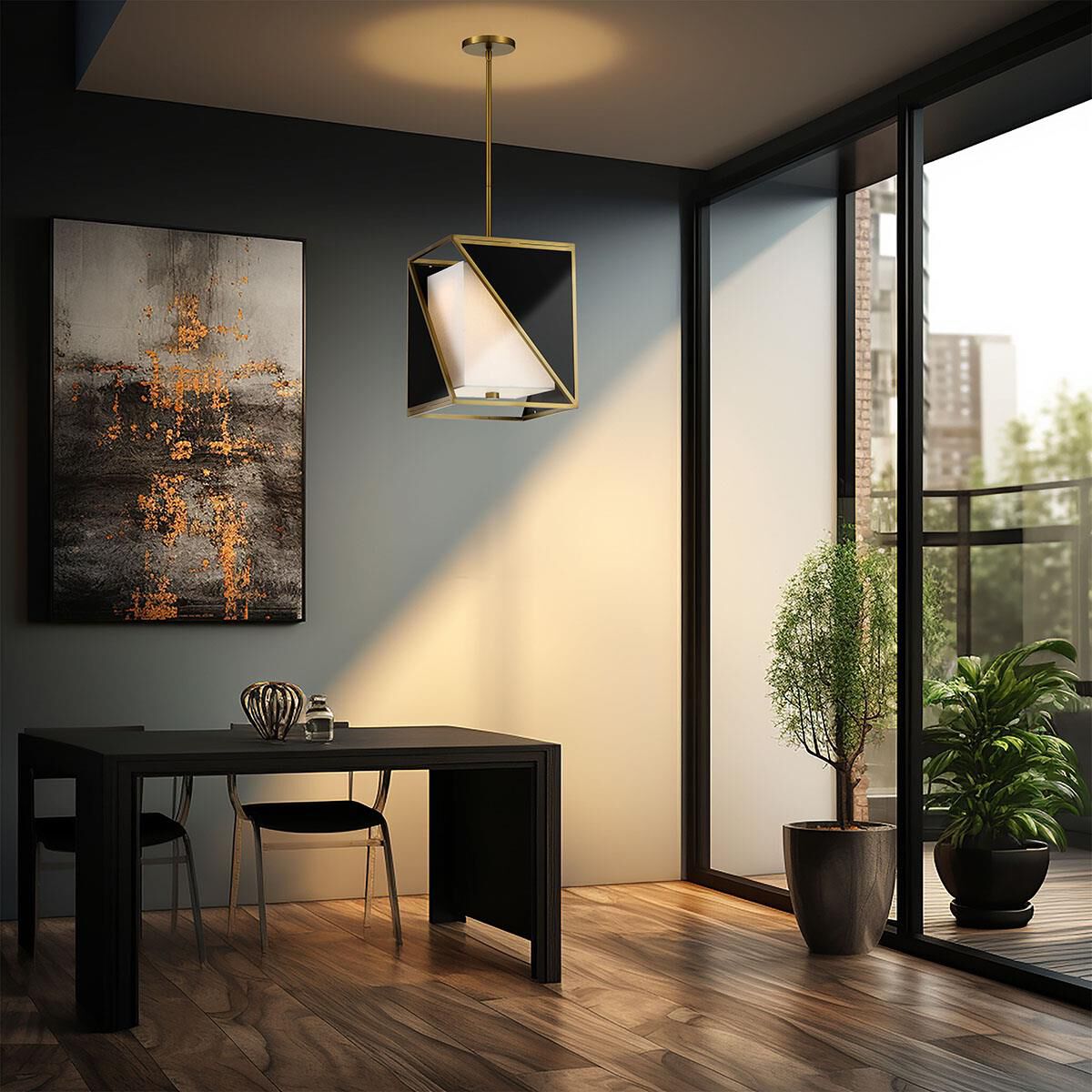 Shown in Coal and Soft Brass finish and White Linen shade