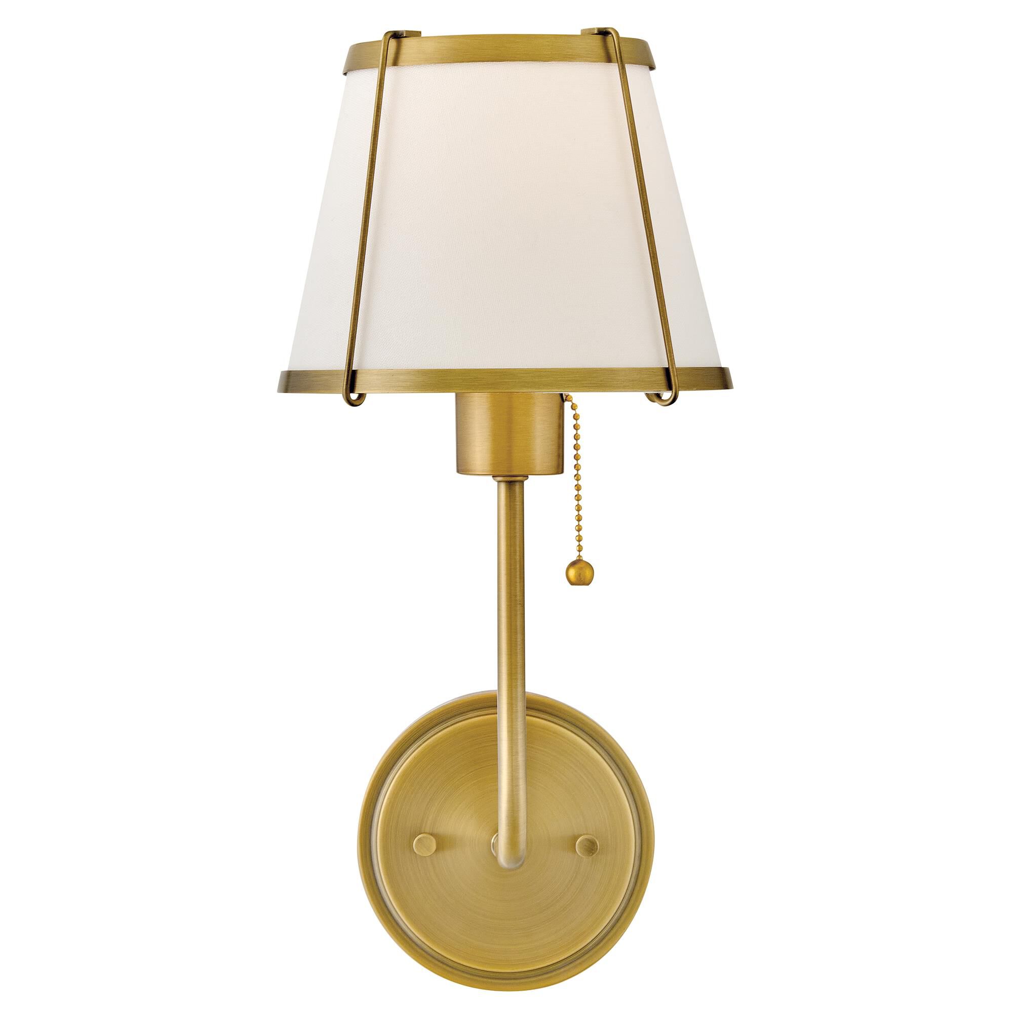 Shown in Lacquered Dark Brass finish and Off-White Linen shade