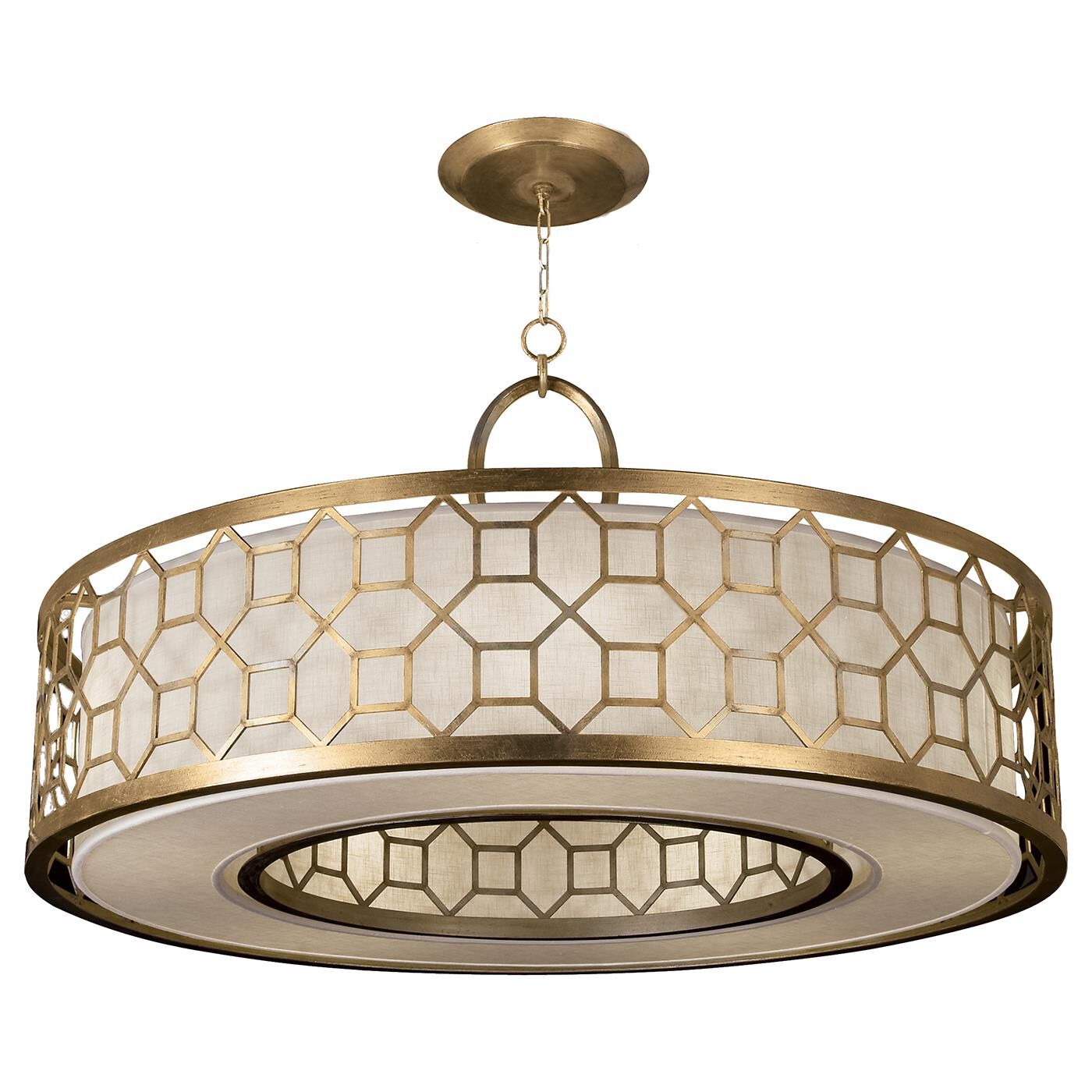 Shown in Gold finish and False crystal and False glass and White Textured Linen shade