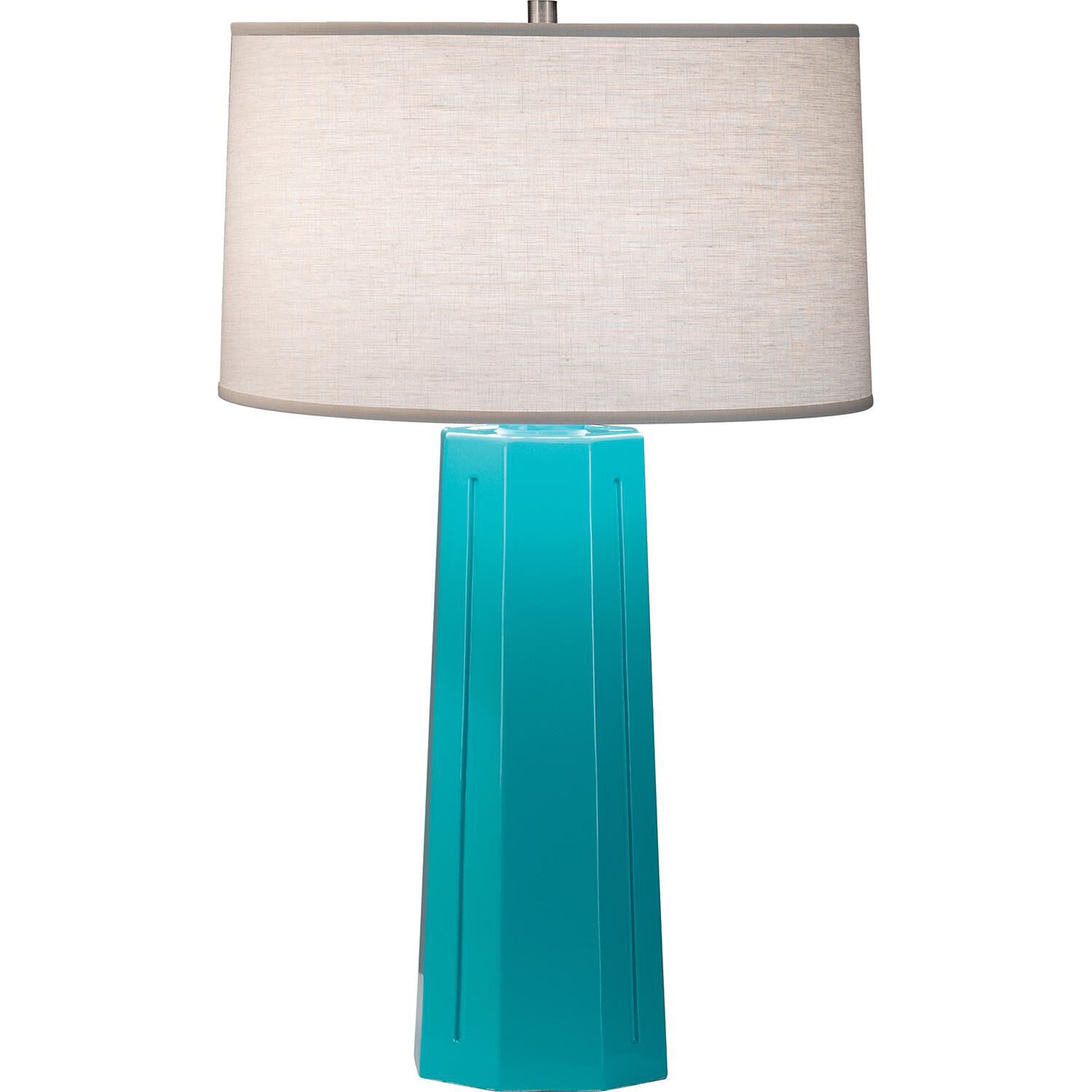 Shown in Egg Blue Glazed Ceramic finish and Oyster Linen shade