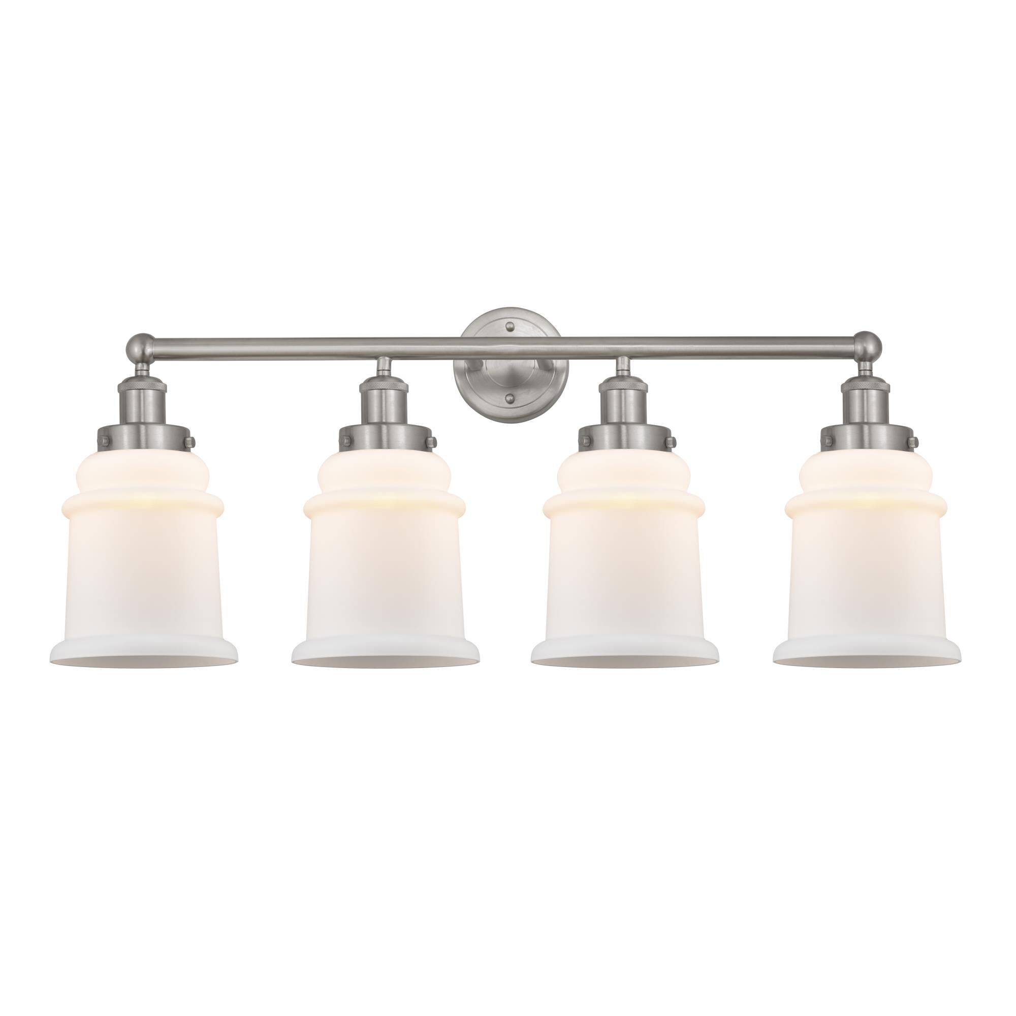 Shown in Brushed Satin Nickel, Matte White finish and Matte White glass and Matte White Glass shade