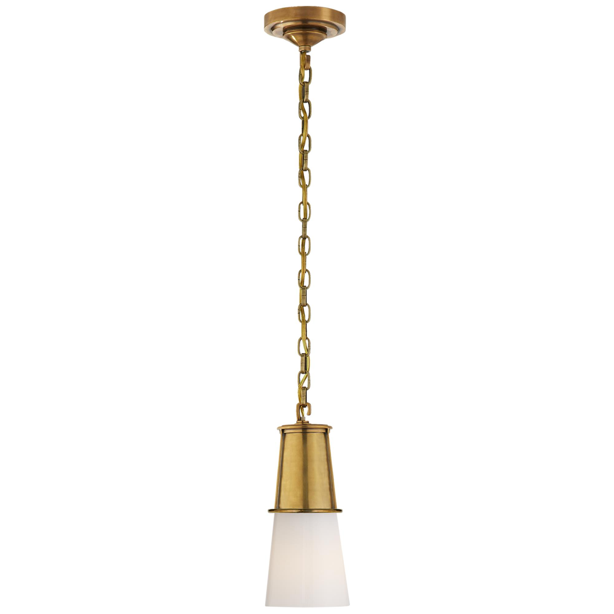 Shown in Hand-Rubbed Antique Brass finish and White glass