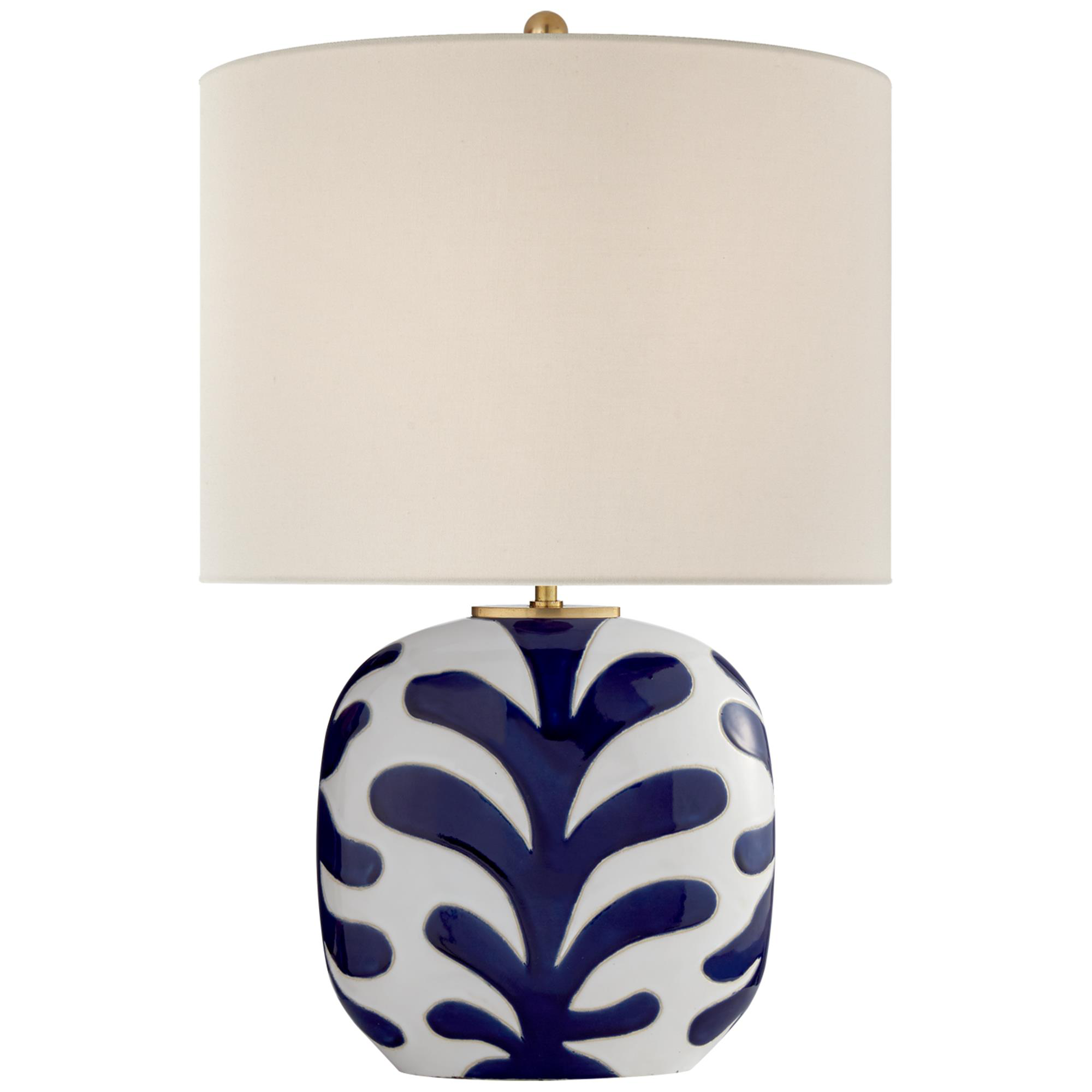 Shown in New White And Cobalt finish and Oval Linen shade