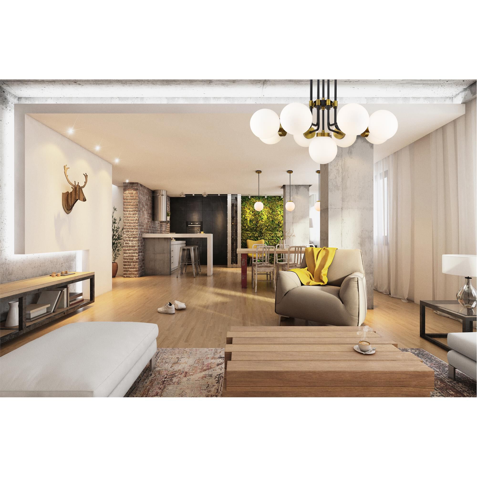Shown in Matte Black + Olde Brass finish and Glass shade