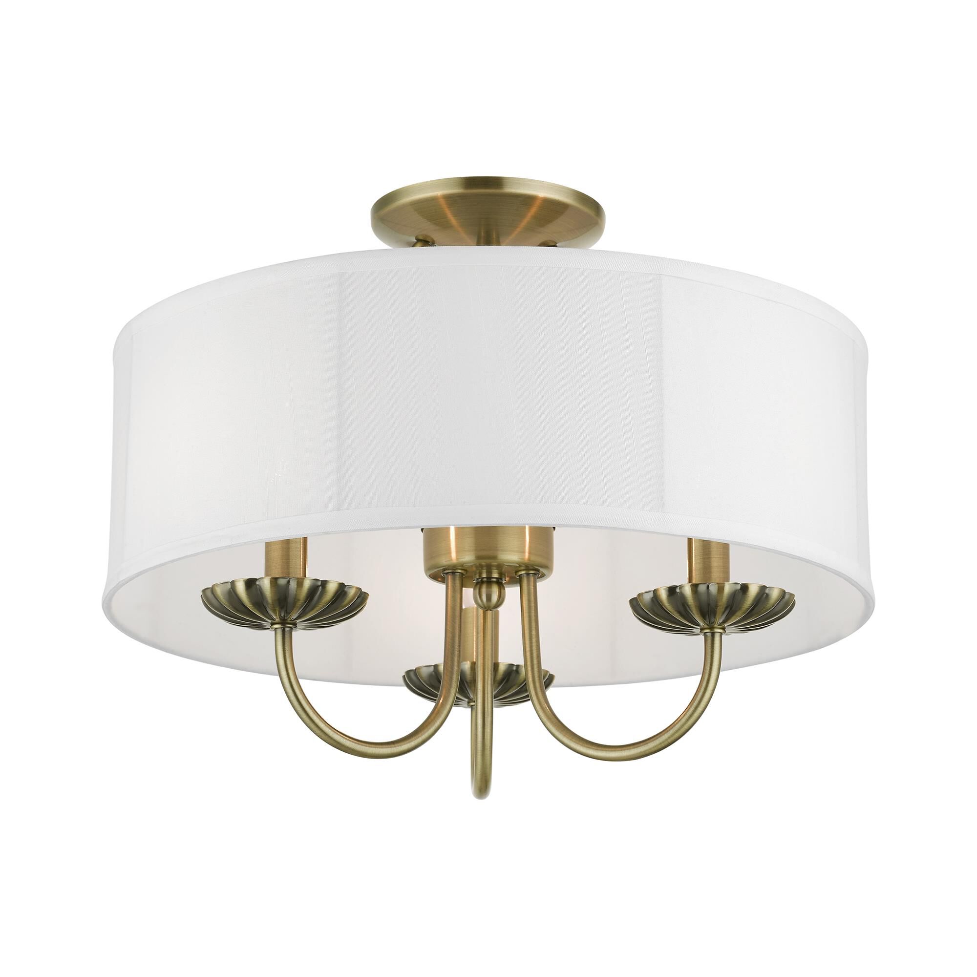 Shown in Antique Brass finish and Off-White Fabric Hardback with White Fabric Inside shade