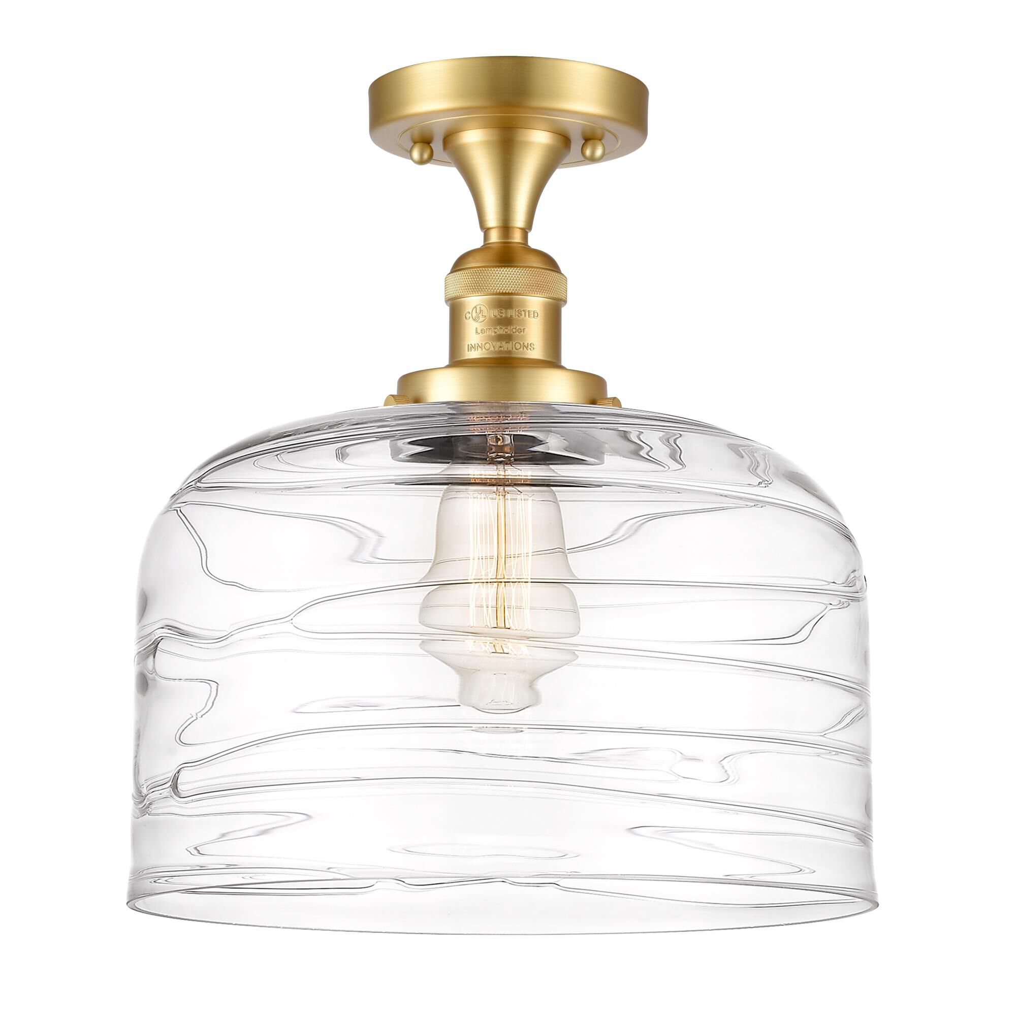 Shown in Satin Gold finish and Clear Deco Swirl X-Large Bell glass