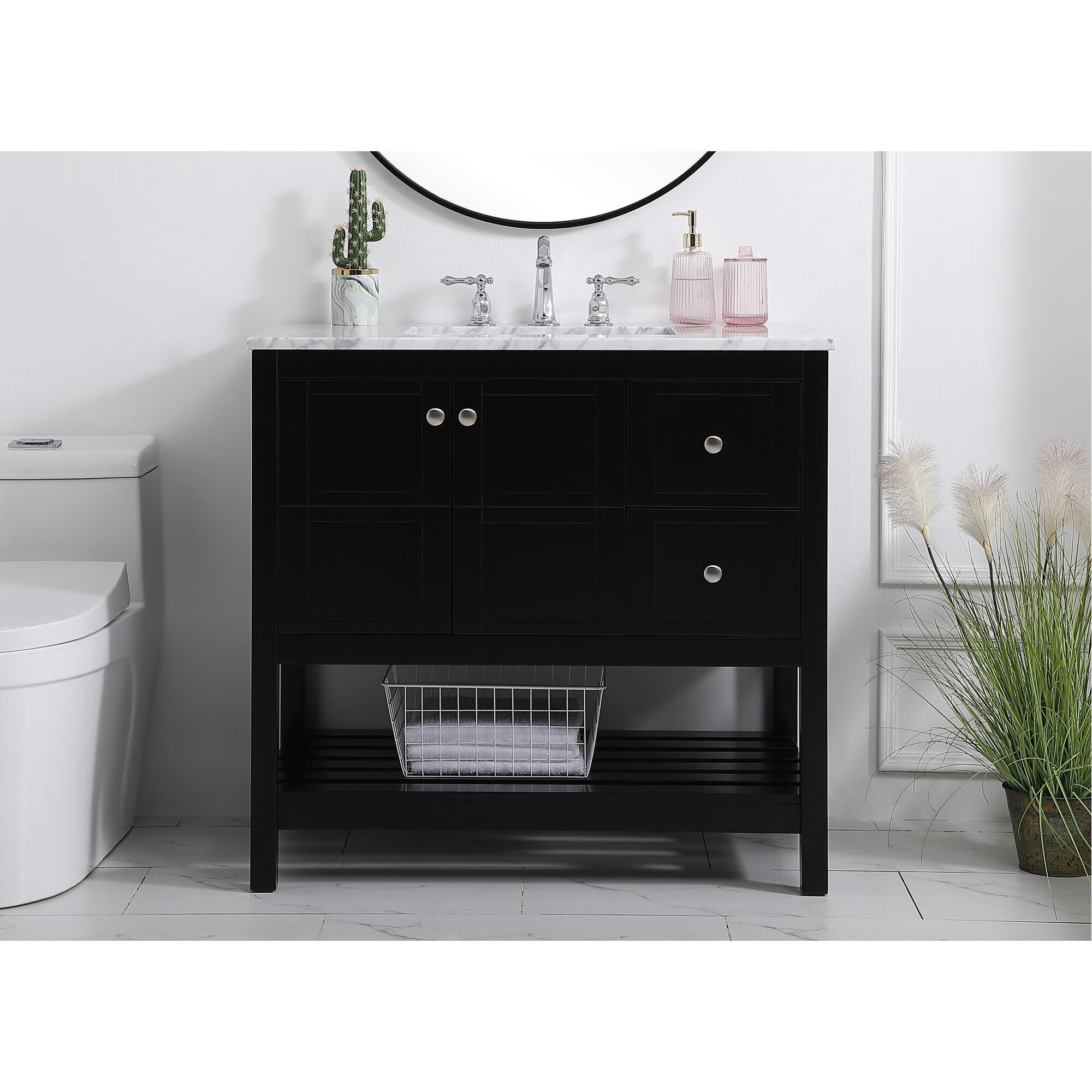 Shown in Black And Brushed Nickel With Carrara White Marble finish