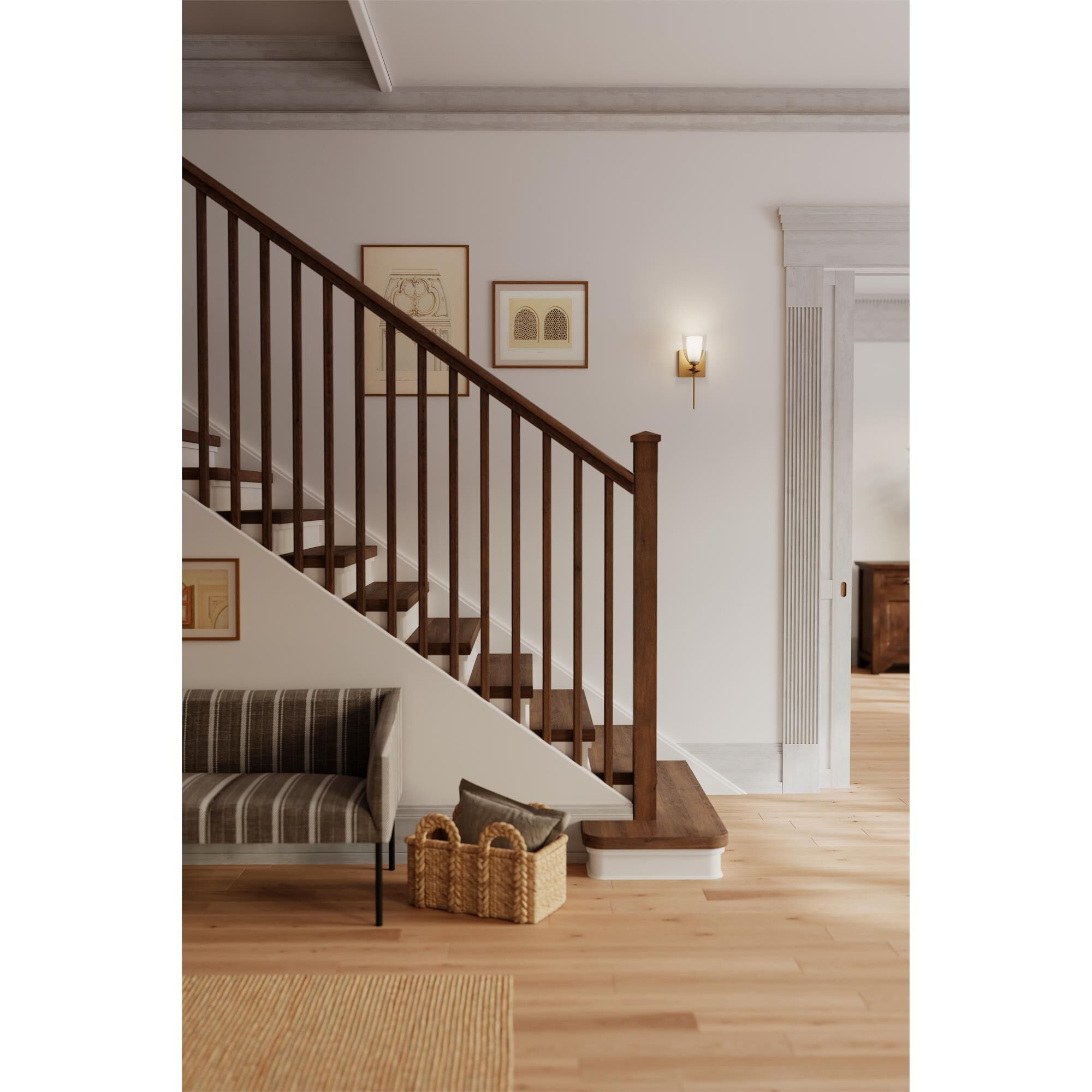 Shown in Legacy Brass finish and Clear and Opal White glass