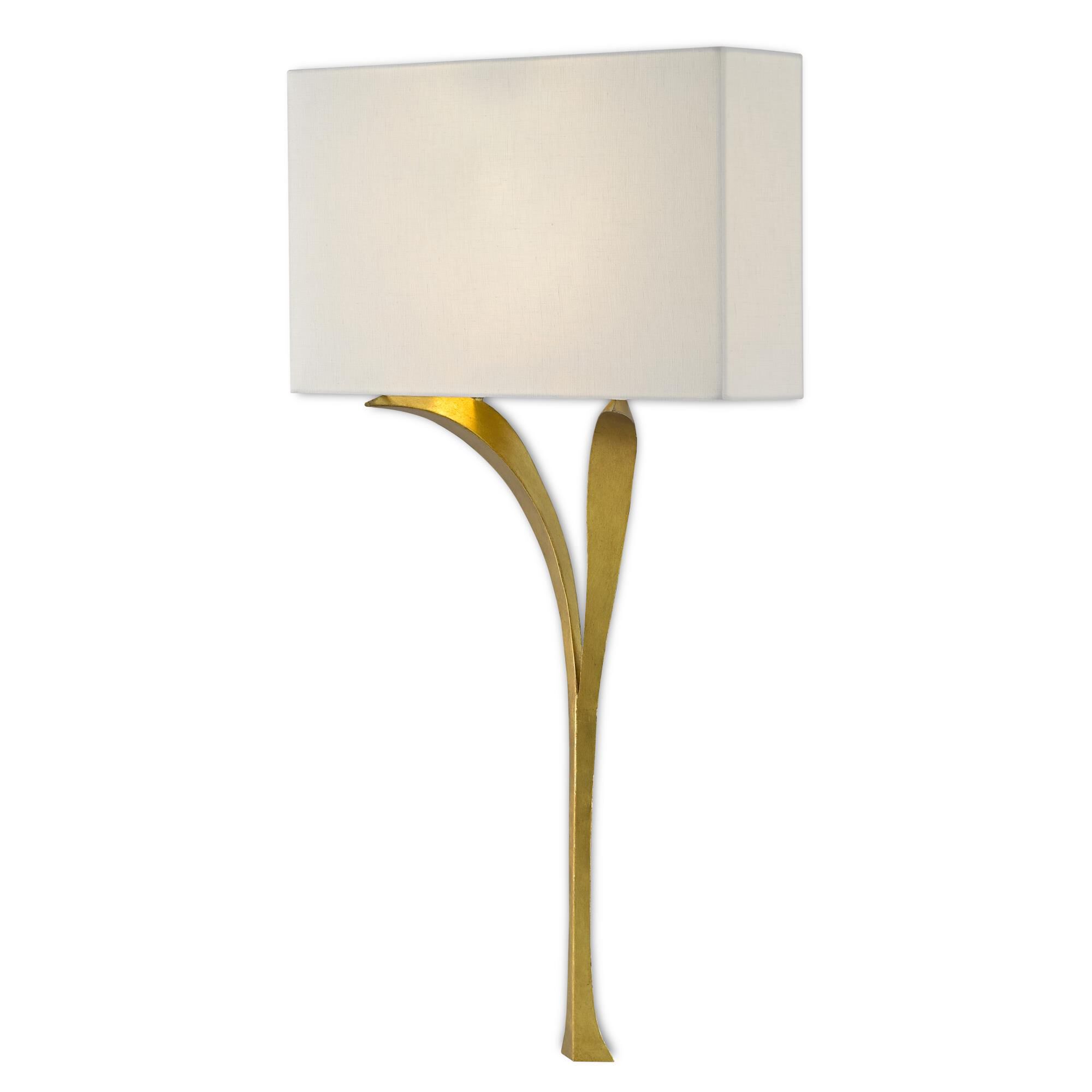 Shown in Antique Gold Leaf finish and White Linen shade