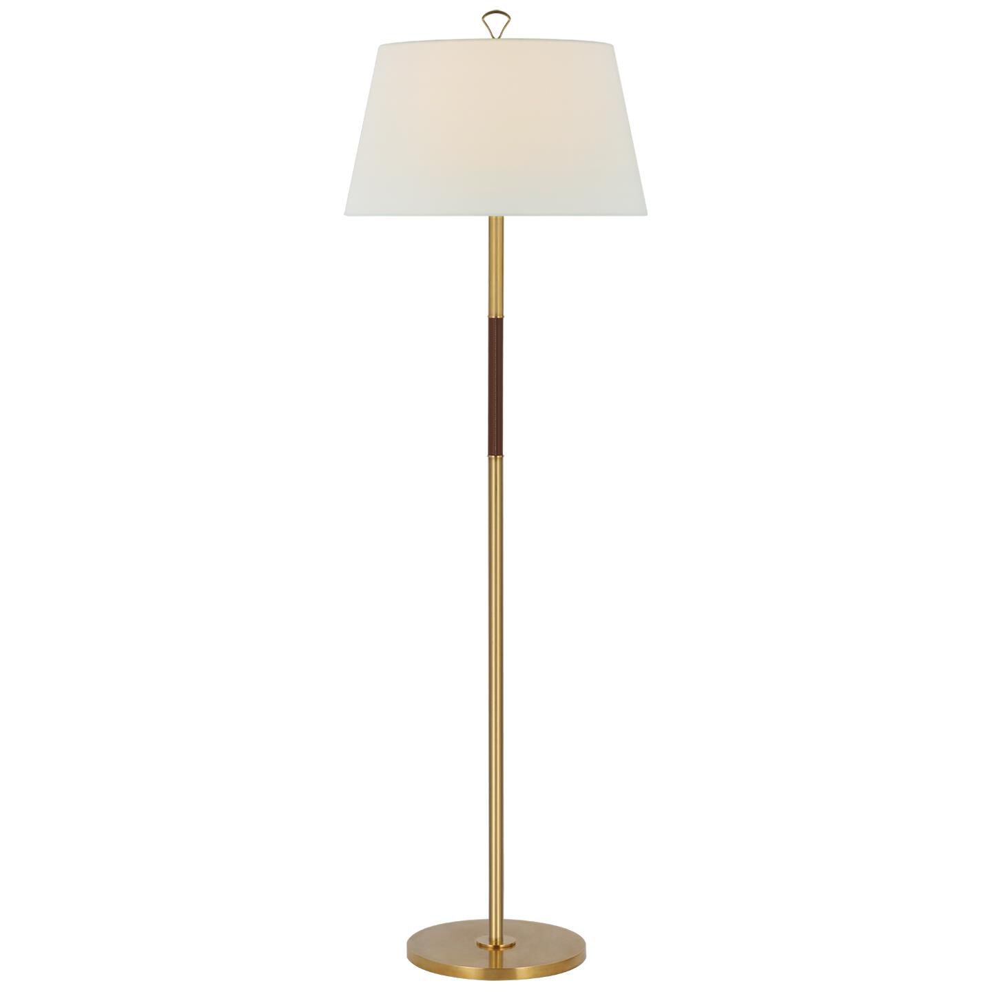 Shown in Hand-Rubbed Antique Brass and Saddle Leather finish and Linen shade