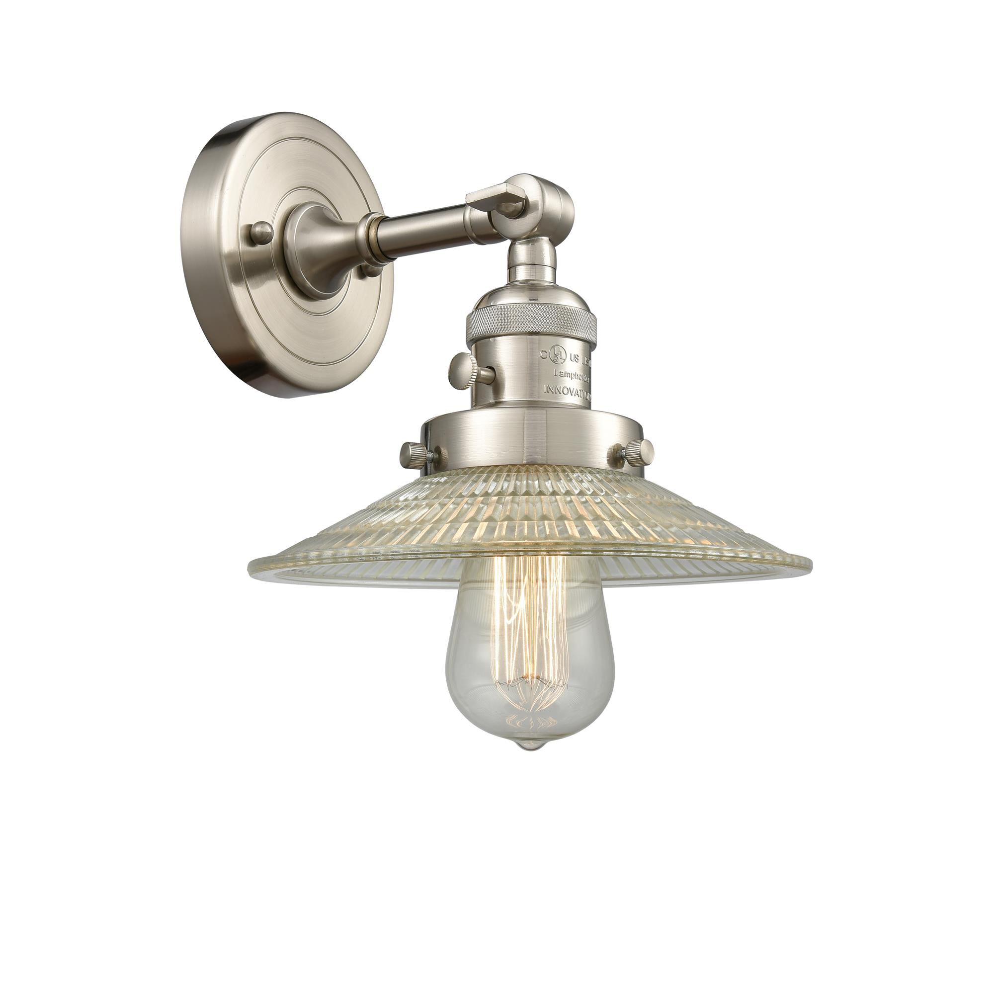 Shown in Brushed Satin Nickel finish and Clear Halophane glass