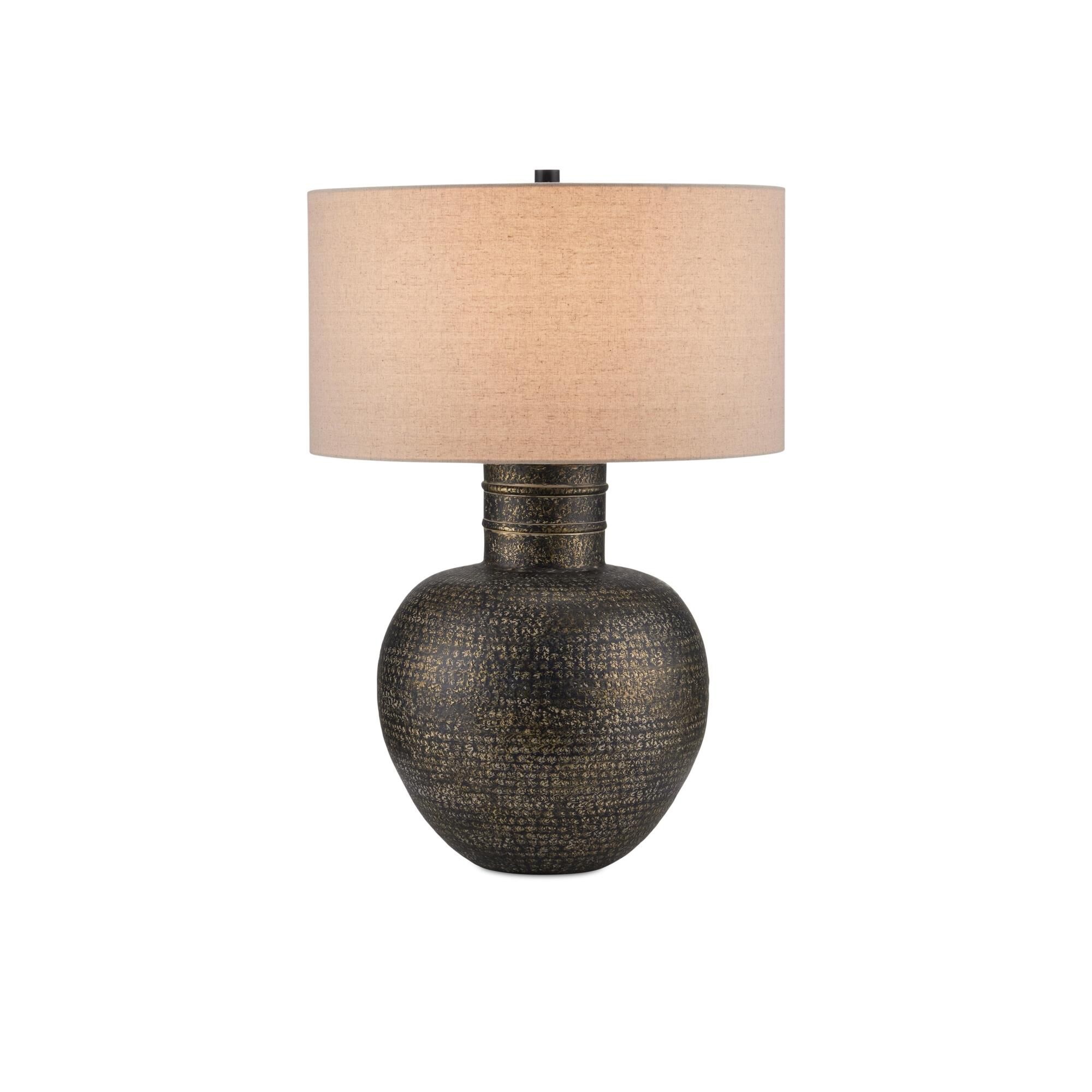 Shown in Antique Brass finish and Natural Linen shade