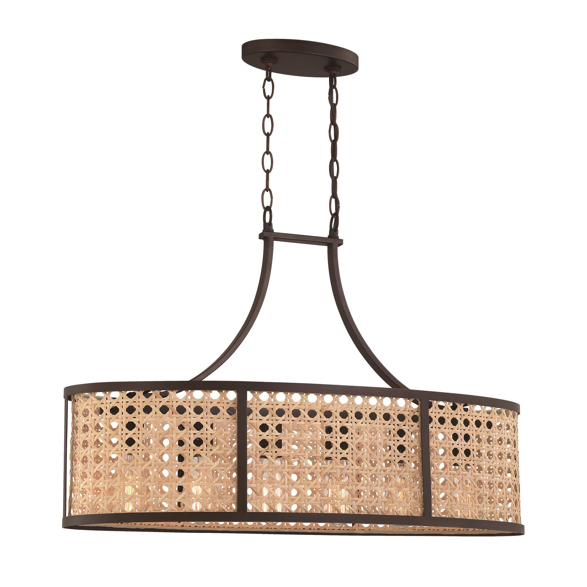 Shown in Aged Bronze Brushed finish and Natural glass and Rattan shade