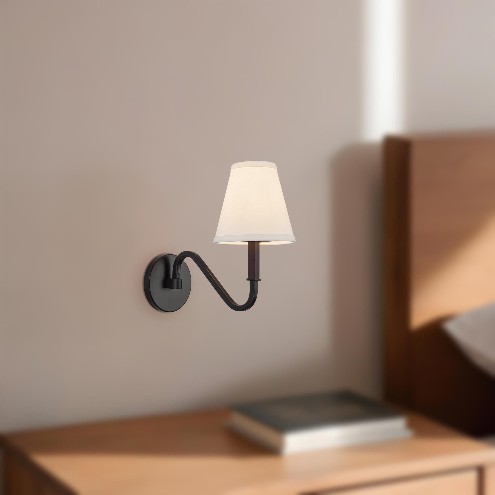 Shown in Matte Black finish and White Linen shade
