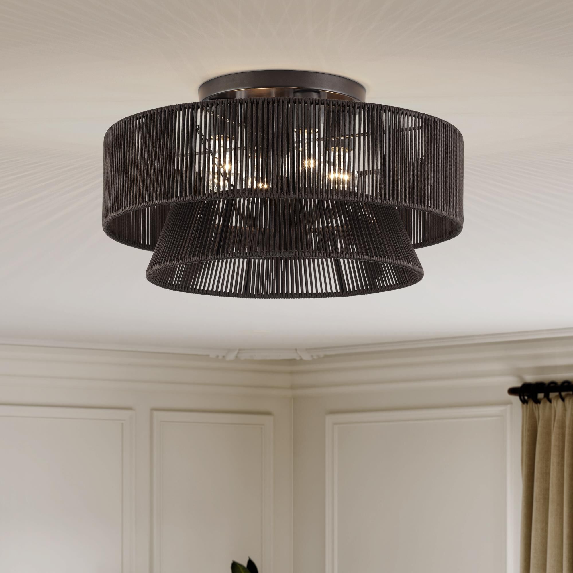 Shown in English Bronze finish and Hand-Woven Dark Chocolate Color Polyester Rope shade