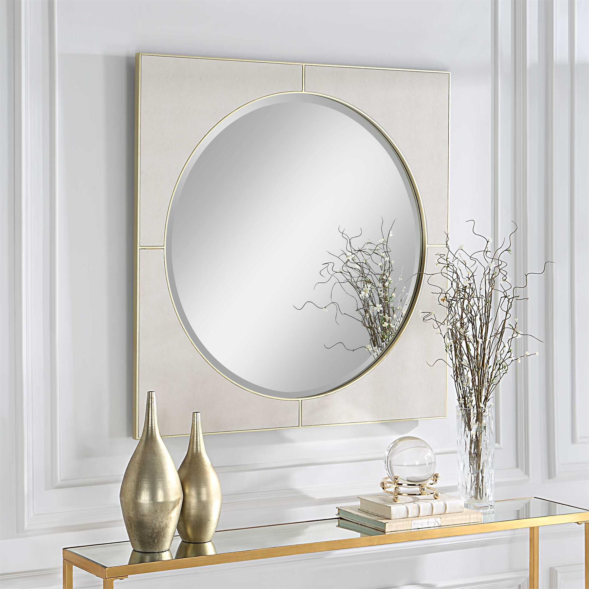 Shown in Classic And Sophisticated, This Mirror Features A White Faux Shagreen Leather Surrounded By Delicate finish
