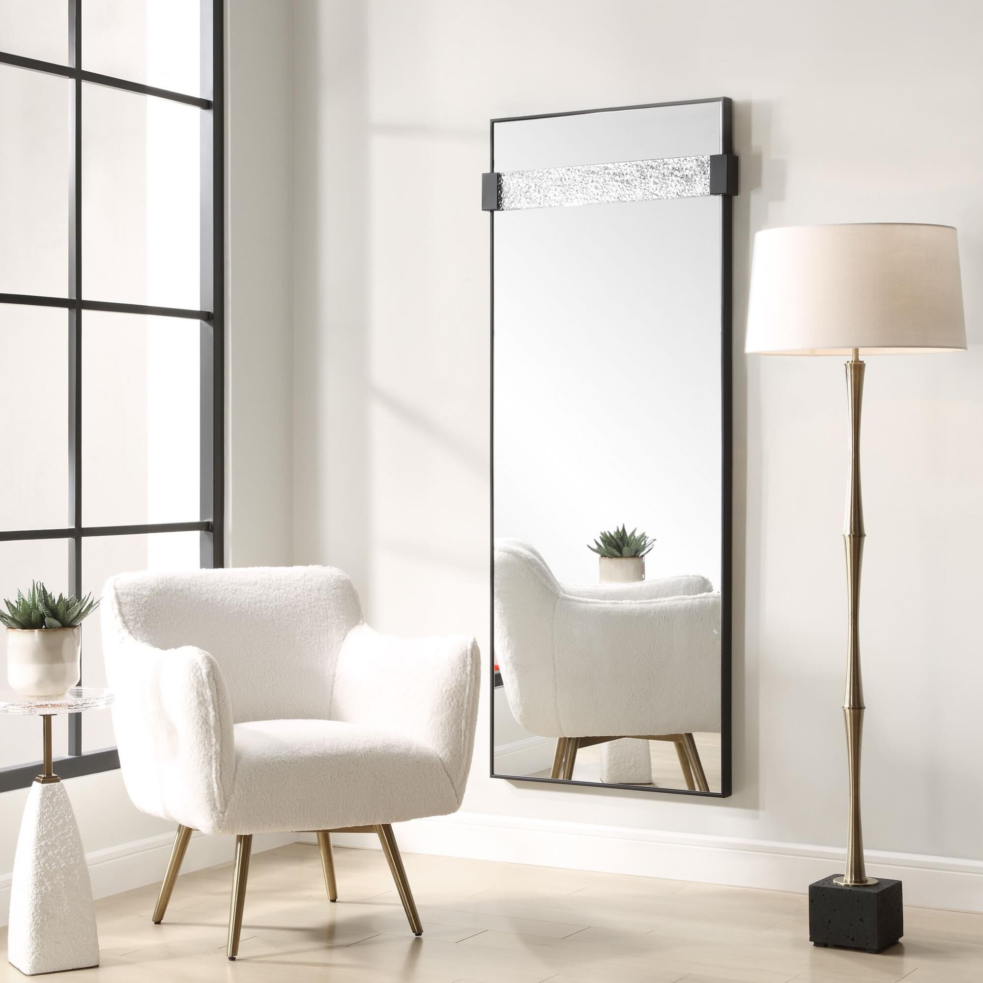 Shown in The Stratton Mirror Is Constructed In A Linear Satin Black Iron Frame, Featuring A Suspended Acrylic finish