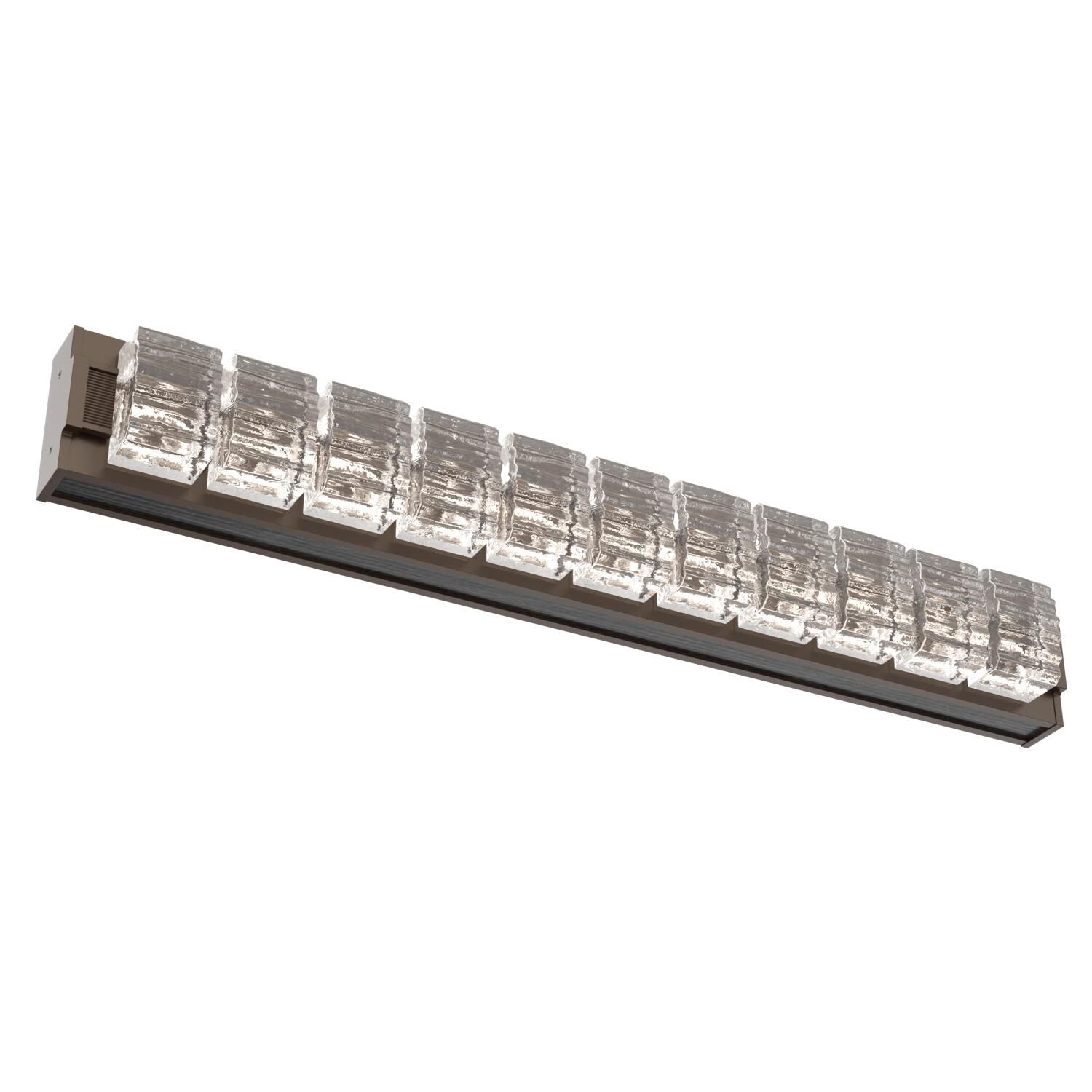 Shown in Flat Bronze finish and Clear Ribbed glass and Dark Oak accent