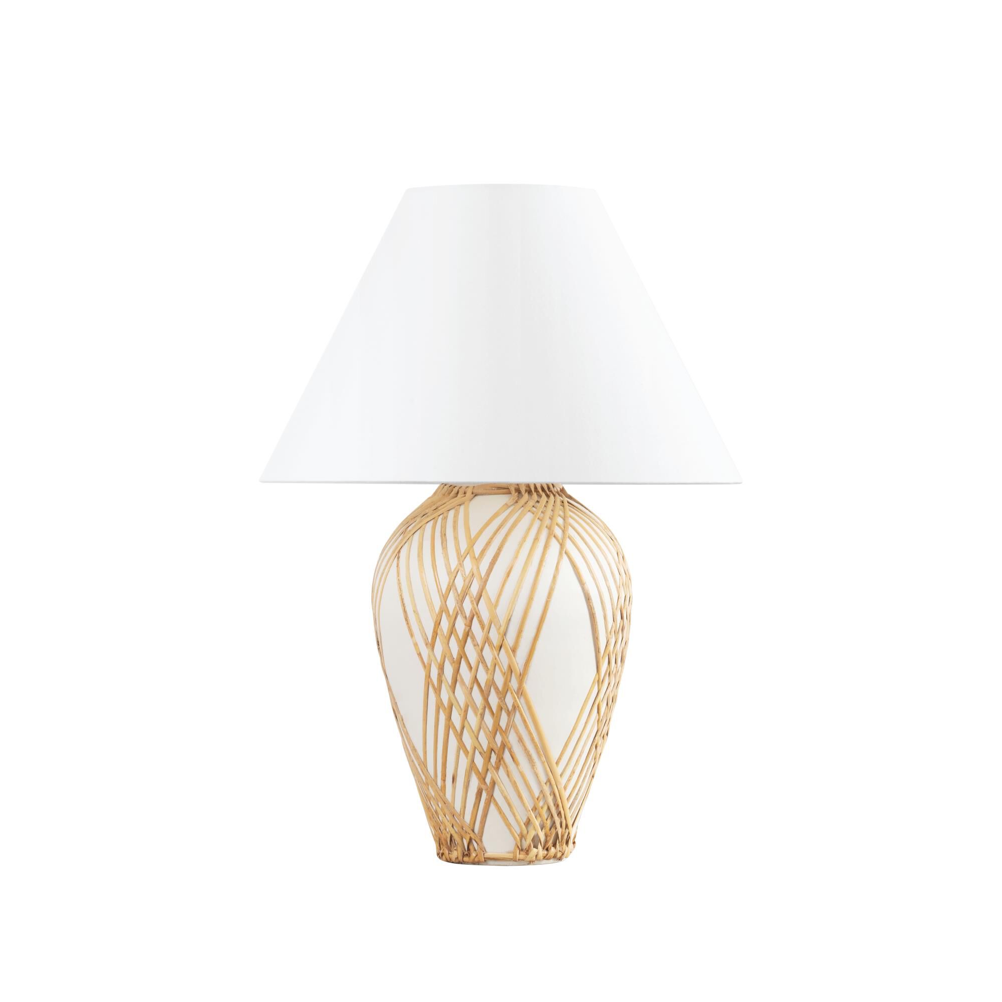 Shown in Vintage Gold Leaf and Ceramic White with Rattan finish and White Linen shade