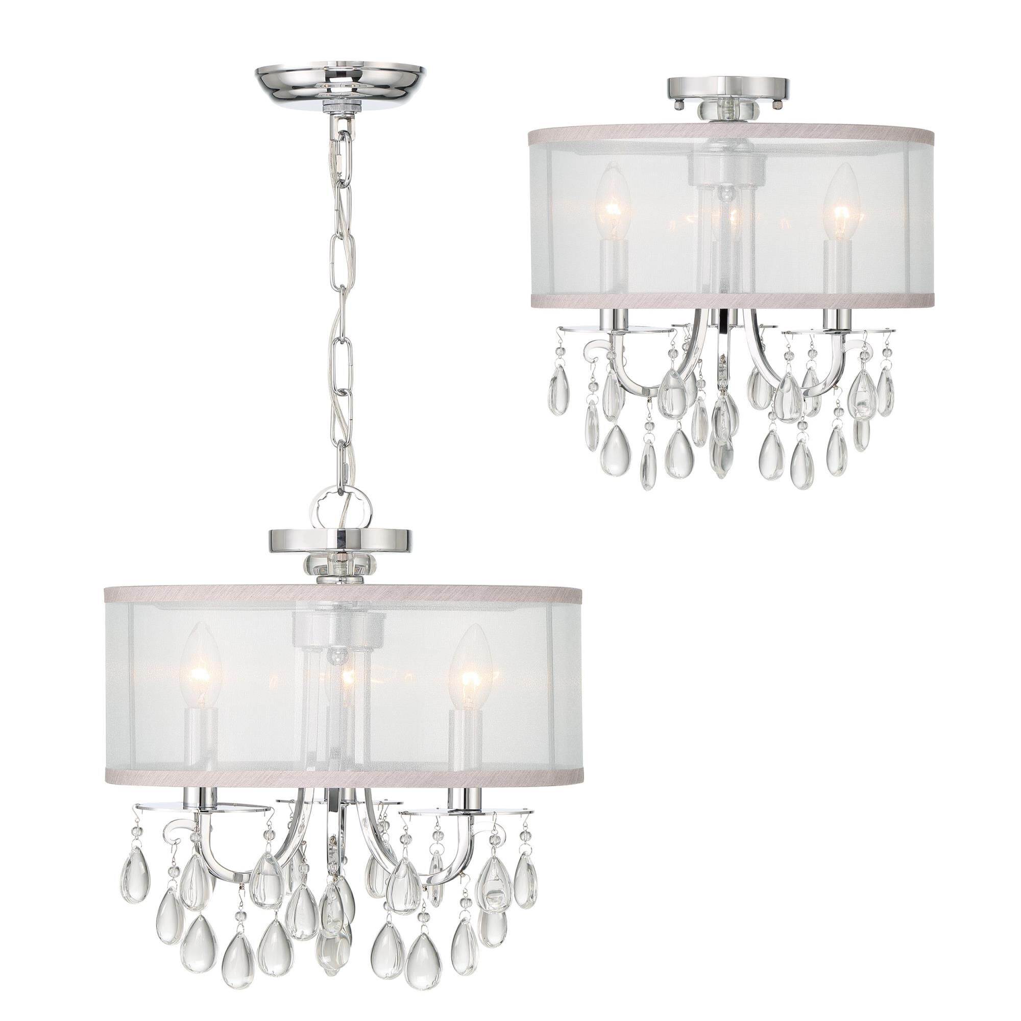 Shown in Polished Chrome finish and Clear Teardrop Almond crystal and Silk glass and Translucent Silver shade