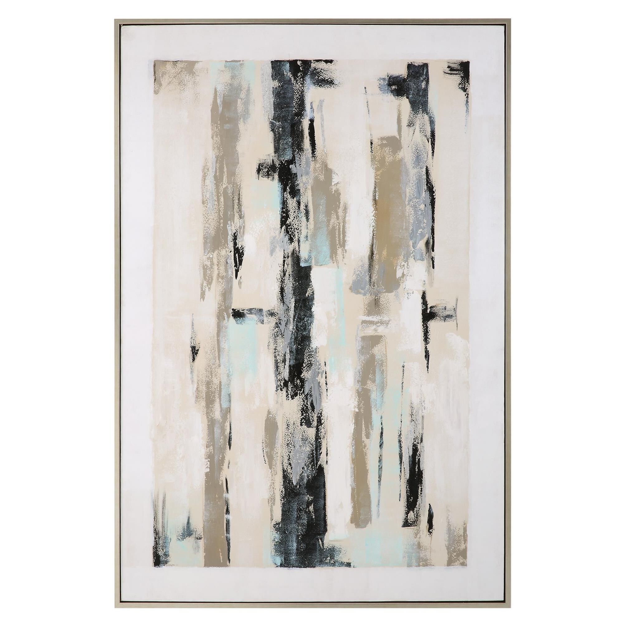 Shown in Brushed Silver Gallery Frame, Painted Canvas In Gray, Silver, Blue, Black And White, Abstract finish