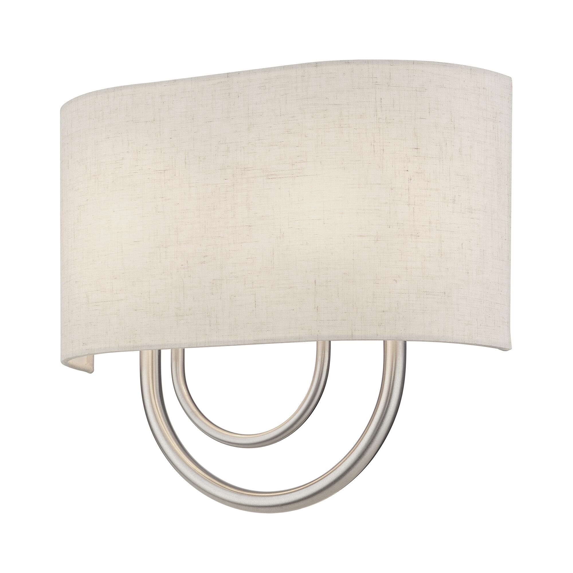 Shown in Brushed Nickel finish and Hand Crafted Oatmeal Color Fabric Hardback with White Fabric Inside shade