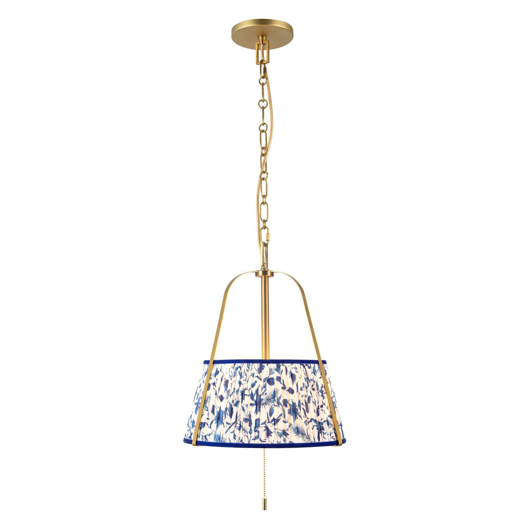 Shown in Brushed Gold finish and Blue Linen shade