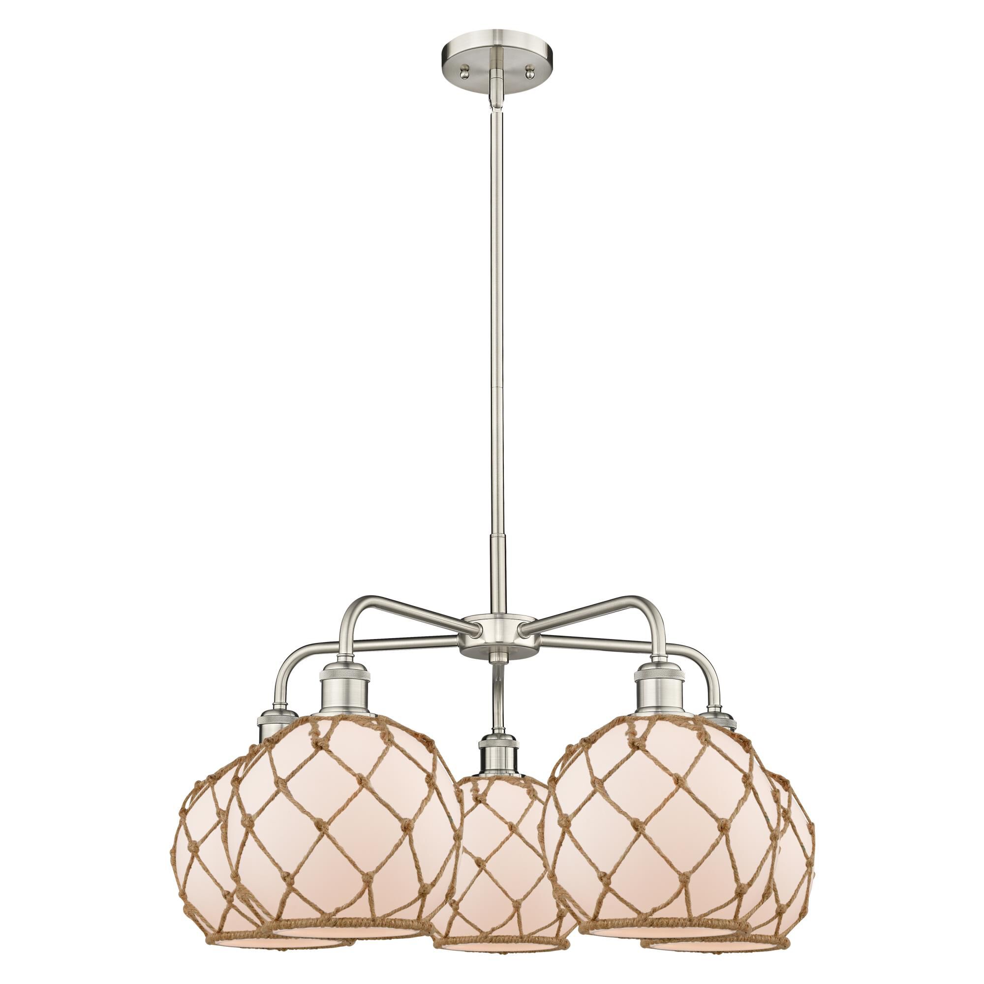 Shown in Satin Nickel finish and White with Brown Rope glass