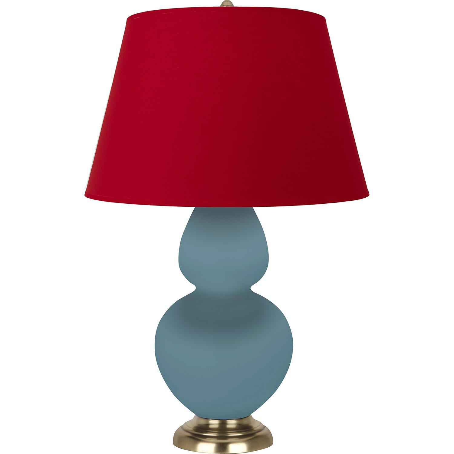 Shown in Matte Steel Blue finish and Black and Red shade and Antique Brass accent