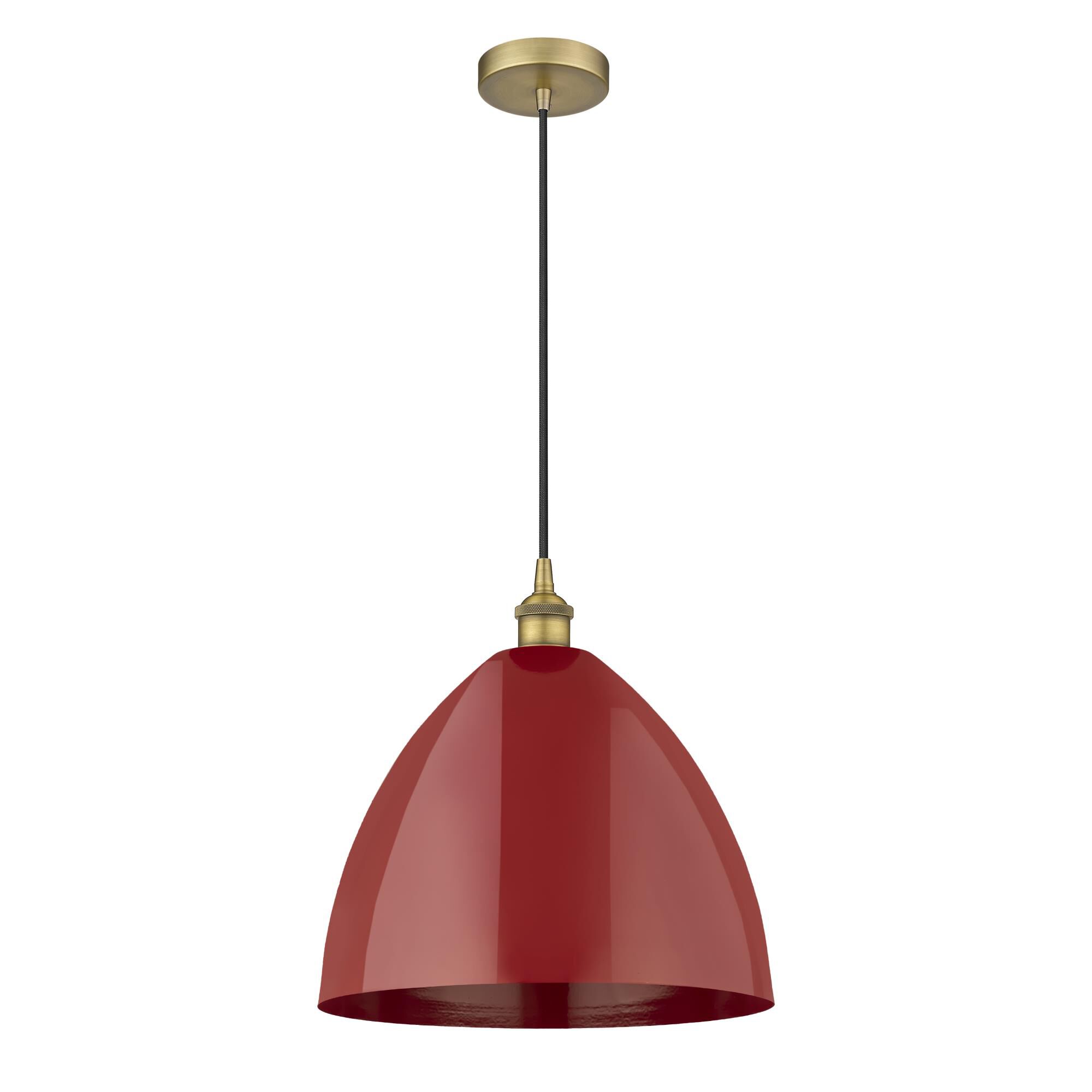 Shown in Brushed Brass finish and Red Dome shade