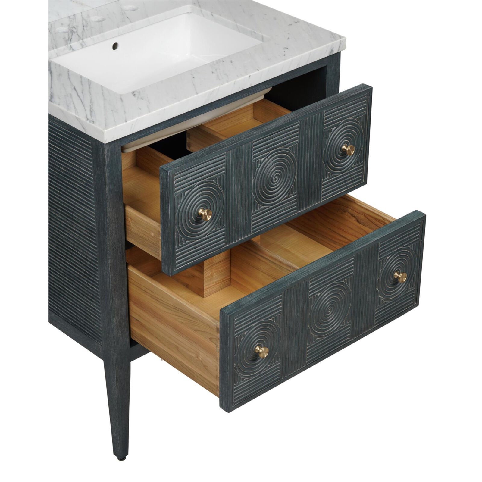 Vanity with marble top, open shelving, and textured base.