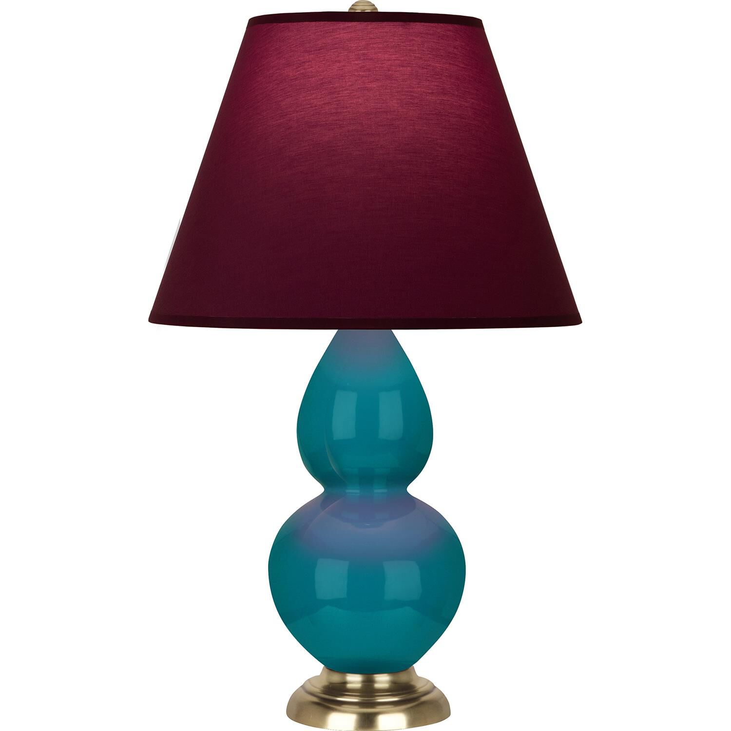 Shown in Peacock finish and Plum and Lavender shade and Antique Natural Brass accent