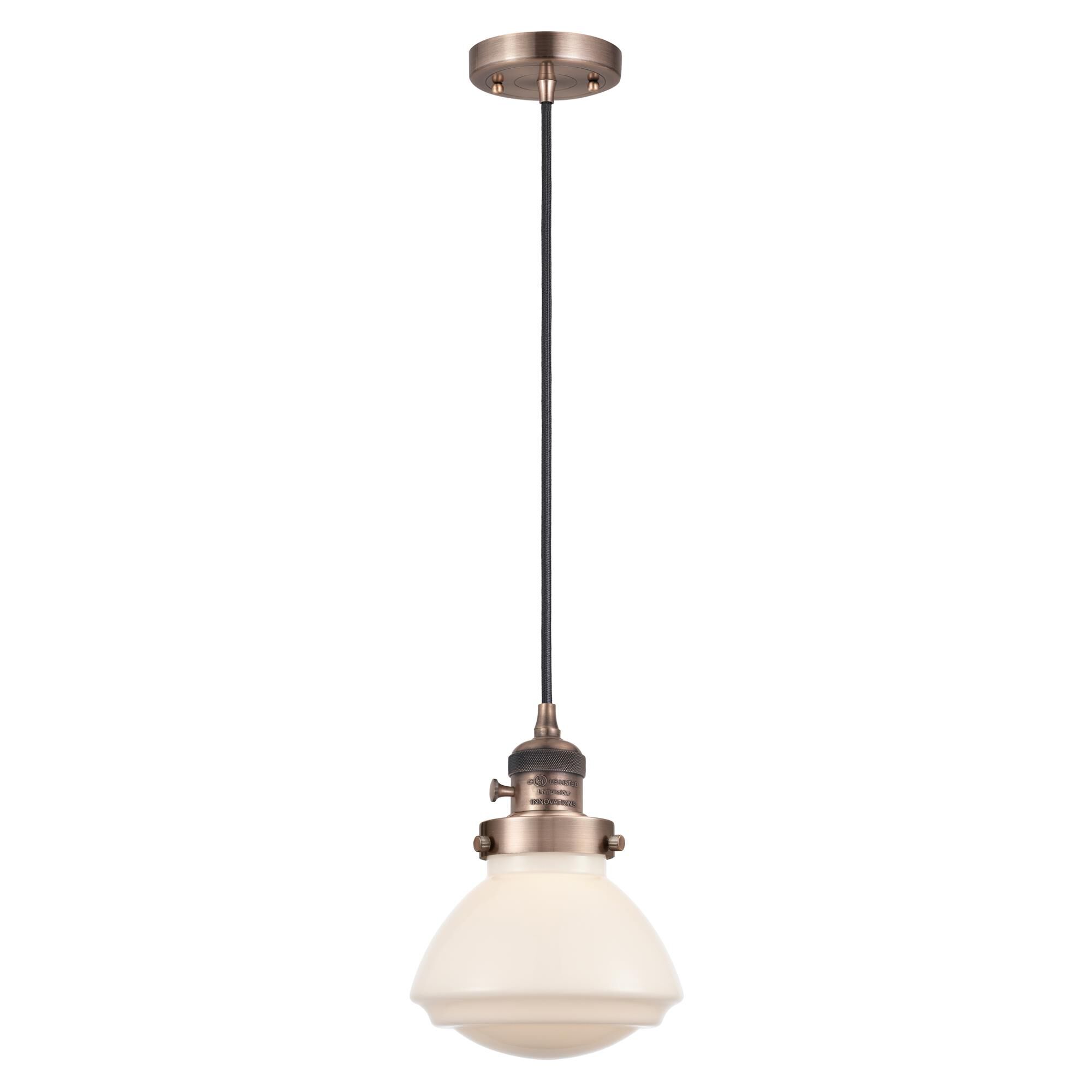 Shown in Antique Copper finish and Matte White glass