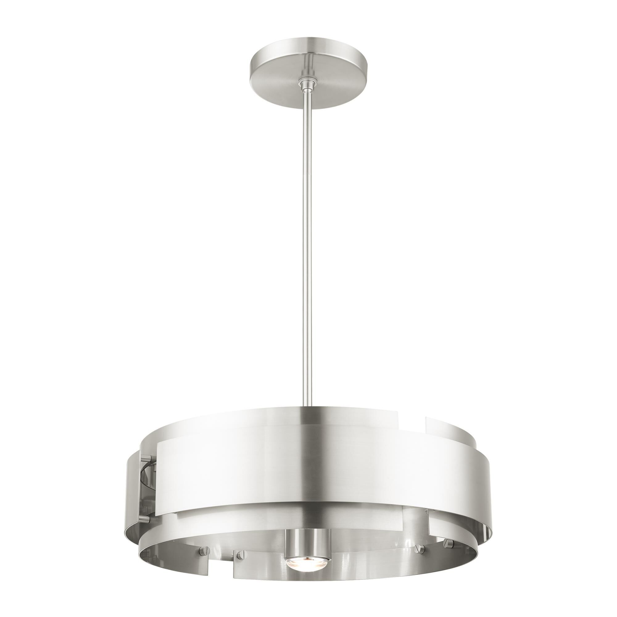 Shown in Brushed Nickel finish and Brushed Nickel Drum Shade glass and Brushed Nickel Drum shade