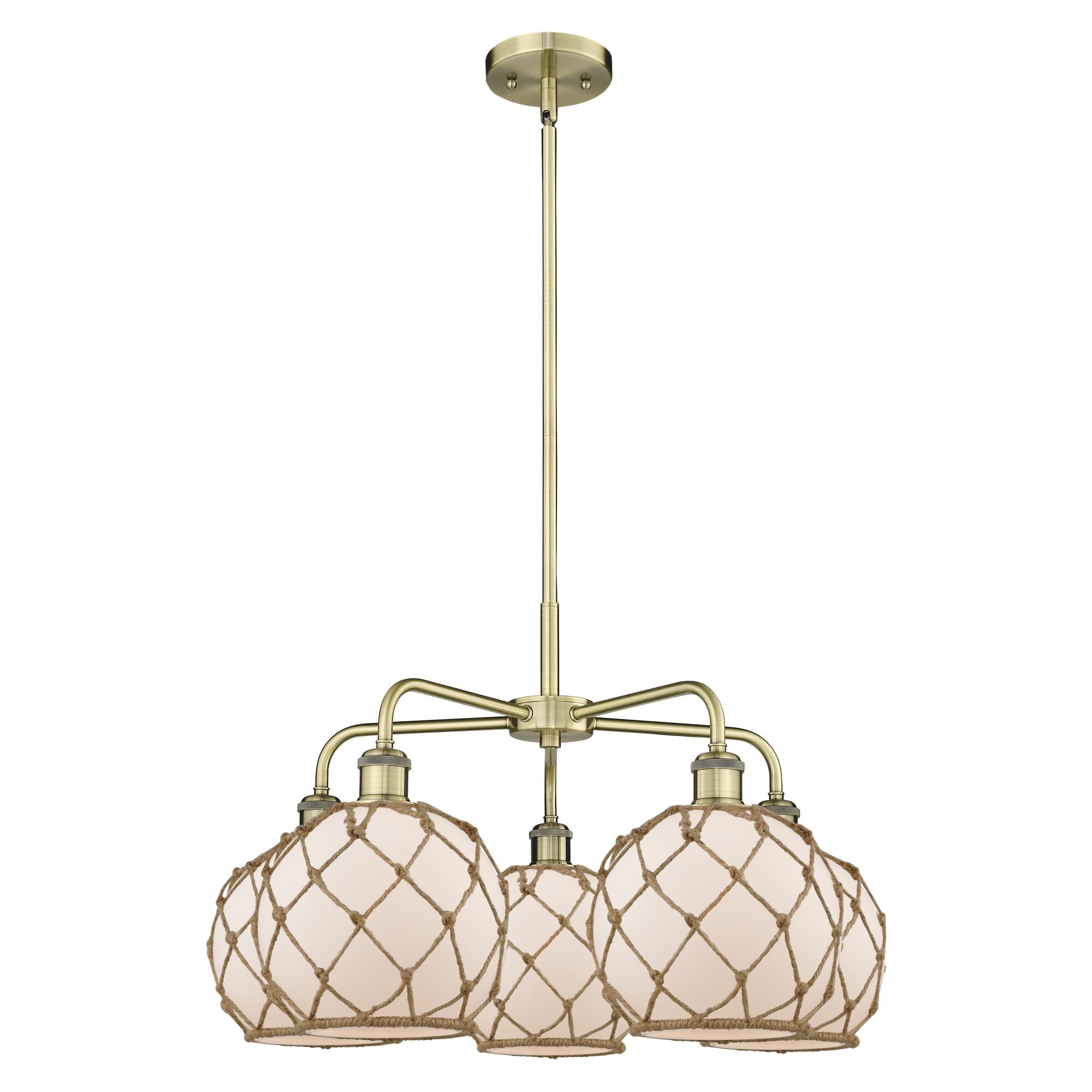 Shown in Antique Brass finish and White with Brown Rope glass