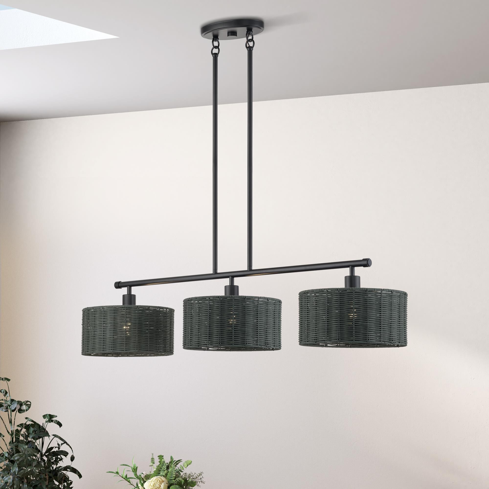 Shown in Black finish and Hand-Woven Charred Gray Color Rattan shade