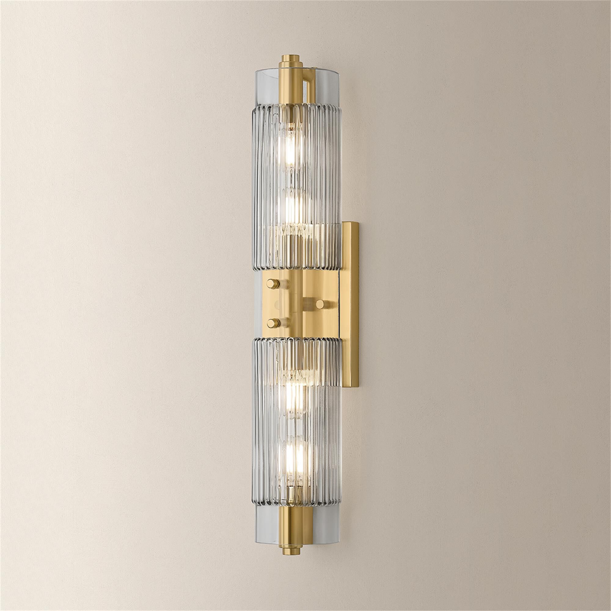 Shown in Vintage Brass finish and Clear Smoke glass