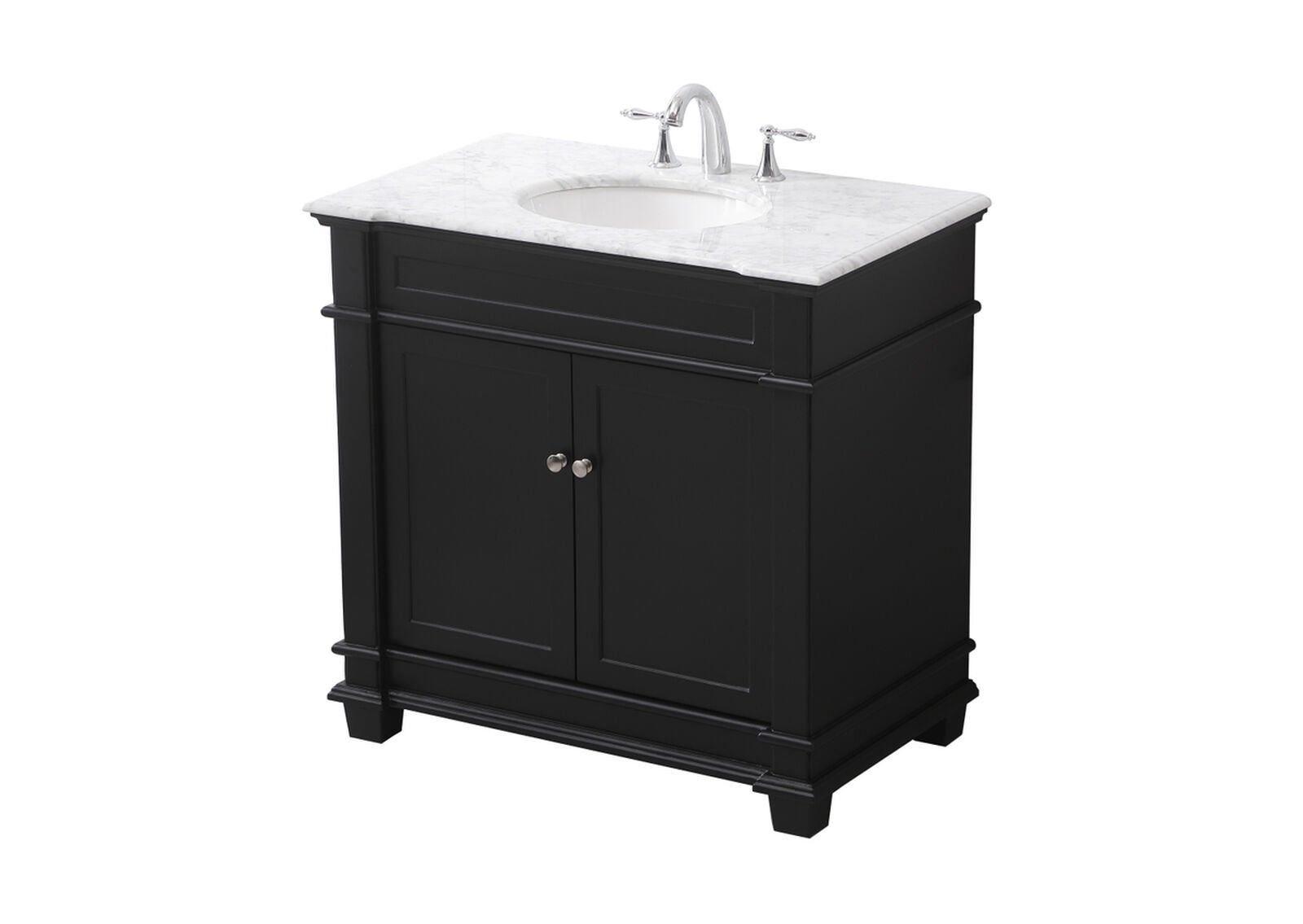 Black wooden bathroom vanity with white sink, marble top, and silver faucet.