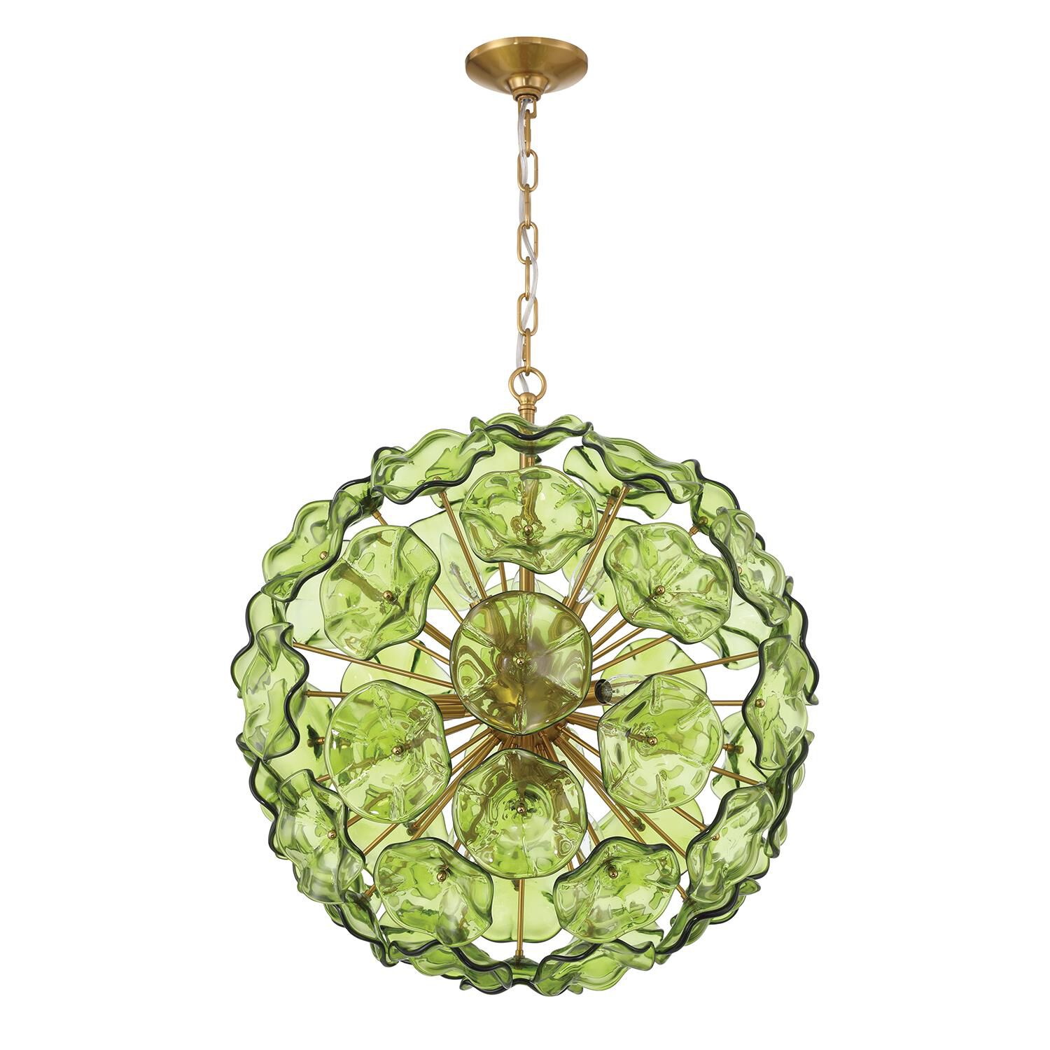 Shown in Aged Brass finish and Floral Petals Green glass
