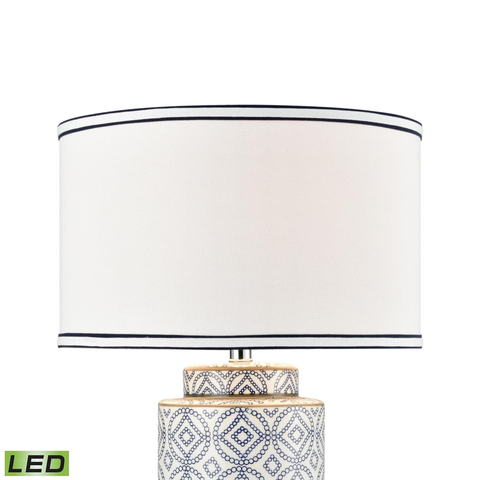 Shown in Blue finish and White Linen Drum shade