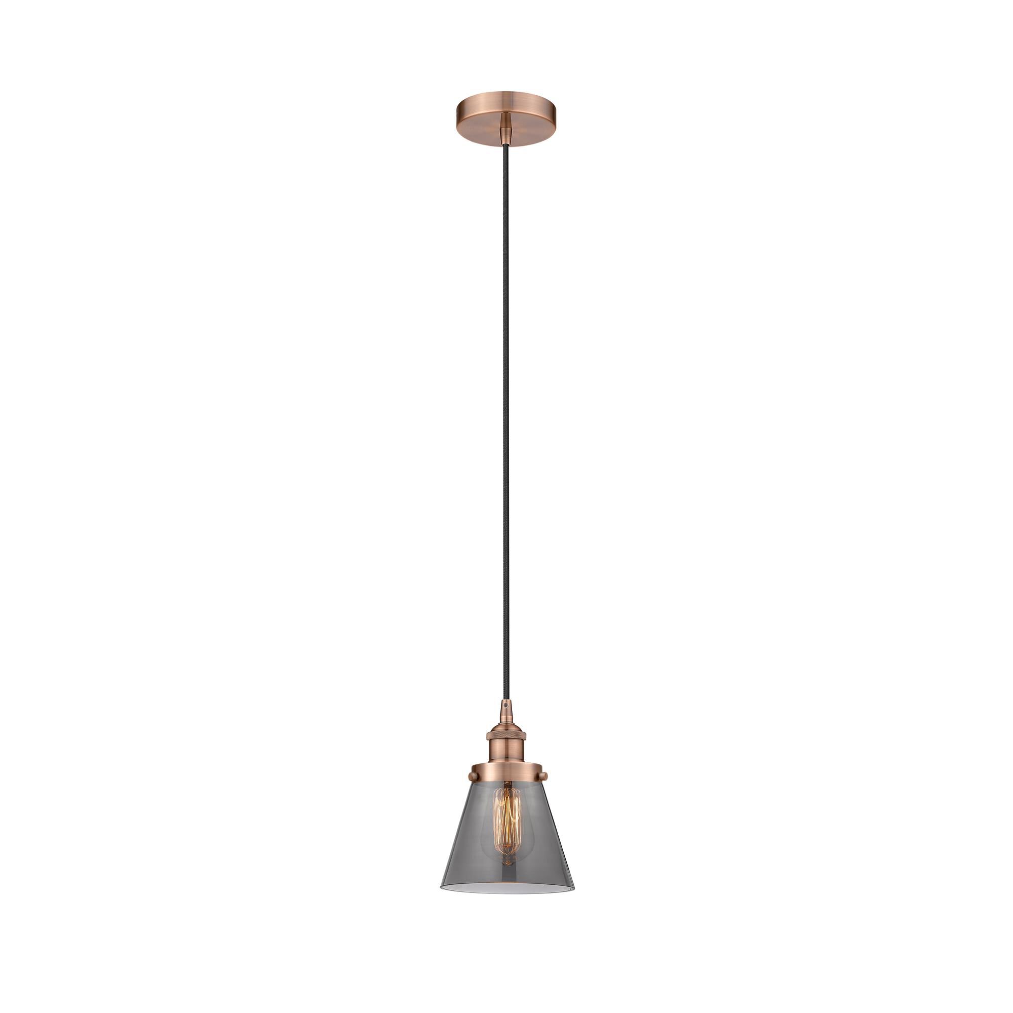 Shown in Antique Copper finish and Plated Smoke Small Cone glass