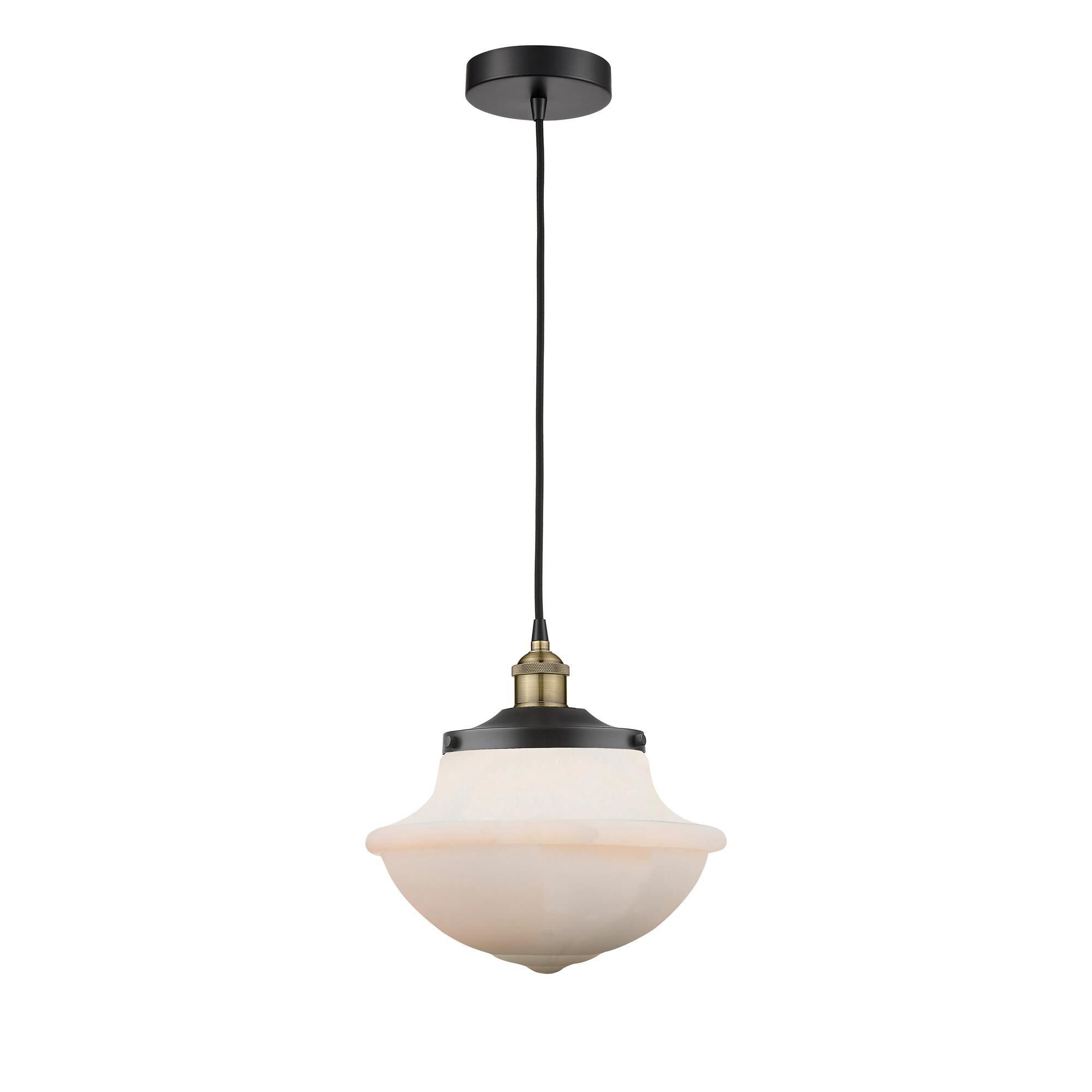 Shown in Black Antique Brass finish and Matte White glass