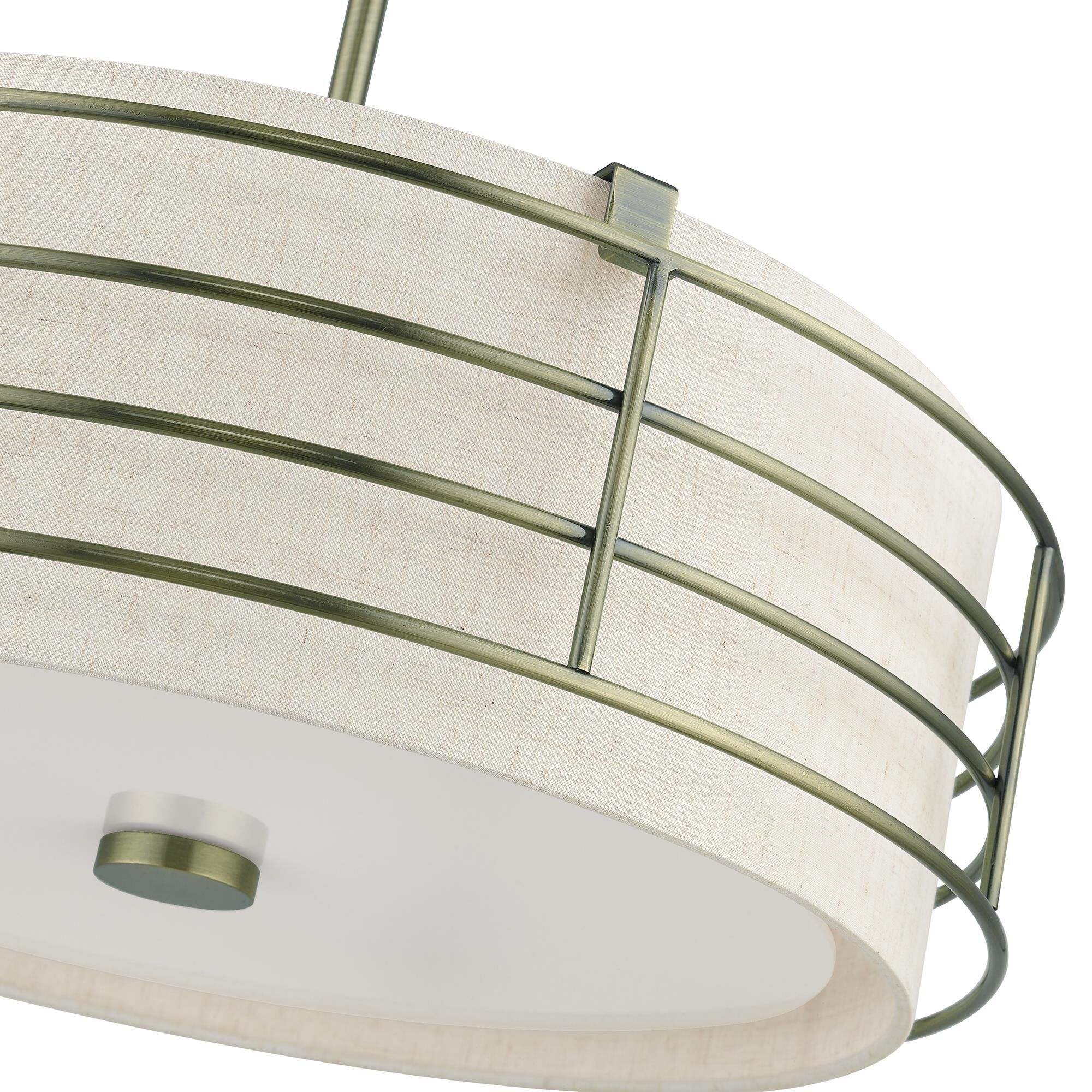 Shown in Antique Brass finish and Hand Crafted Oatmeal Color Hardback Fabric shade