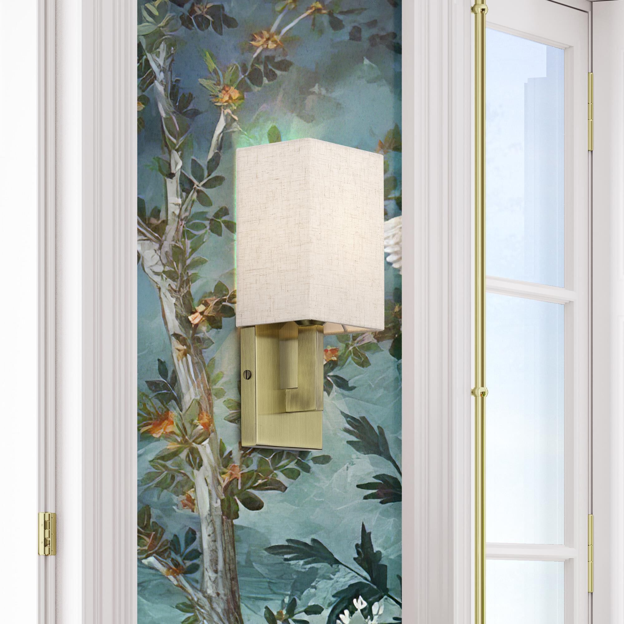 Shown in Antique Brass finish and Hand Crafted Oatmeal Color Fabric with White Color Inside shade