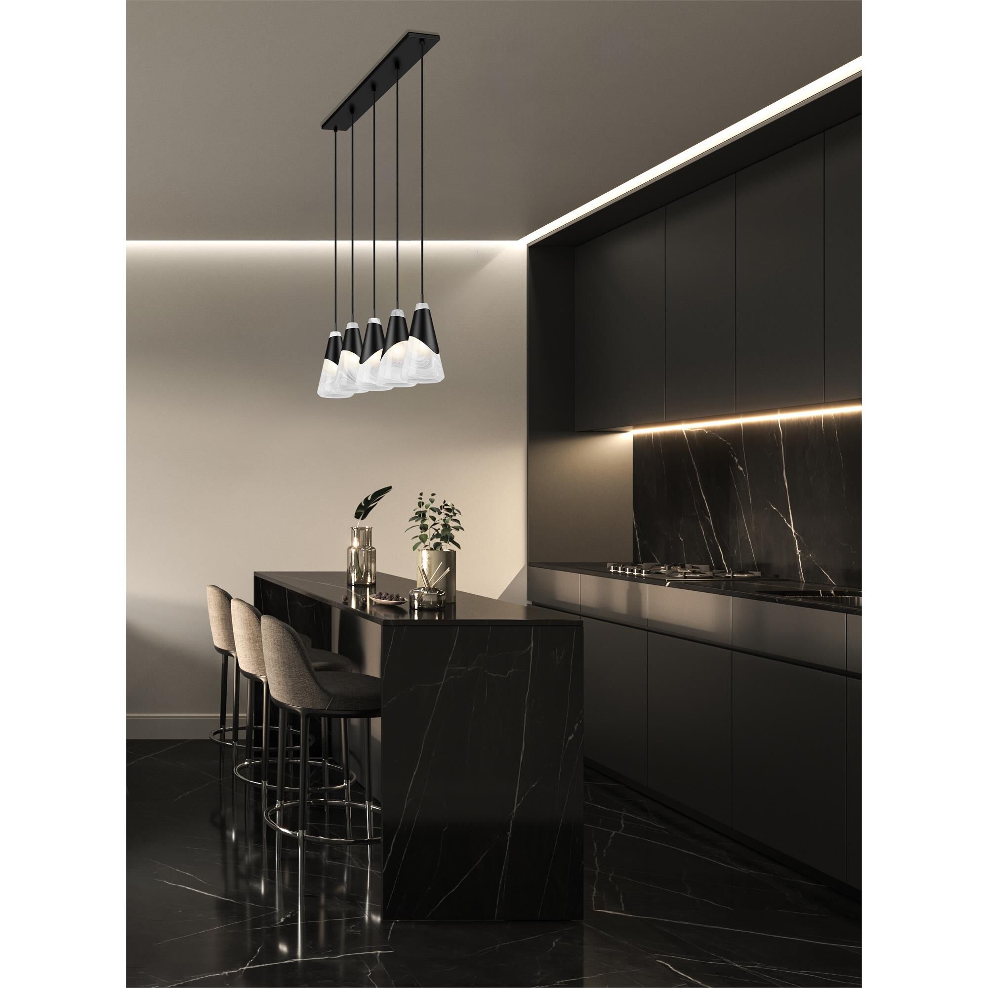 Shown in Matte Black finish and White Swirl glass and White Swirl shade